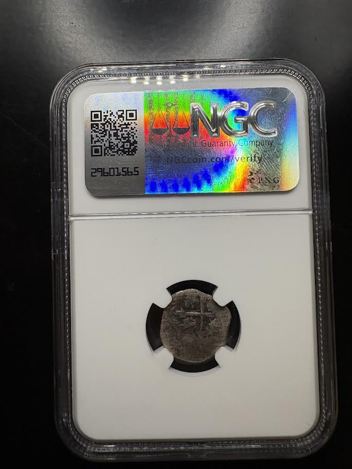 Rare 1715 Fleet Mexico mint G Assayer 1/2 Reale, 1.45 grams, One year Posthomous type 1667. NGC Certified.
