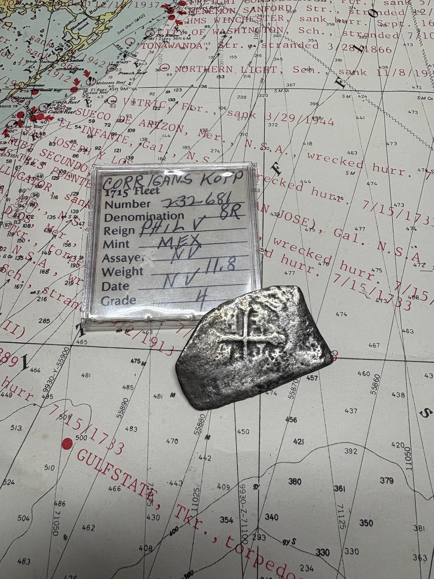 1715 Fleet 8 Reale, Philip V Reign, Mexico City Mint, J Assayer, 11.8 Grams, Cobb Coin Company Flip, Corrigans Find.