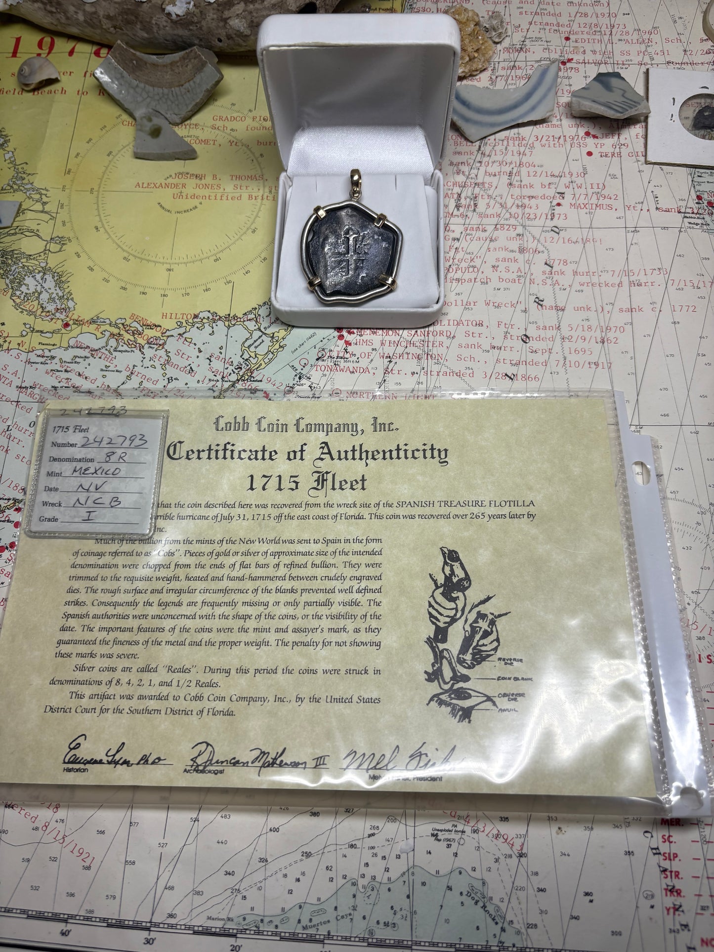 Sterling and 14kt Mounted 1715 Fleet 8 Reale, Grade 1, Philip V Reign, Mexico City Mint, J Assayer, 38.3 Grams Finished.