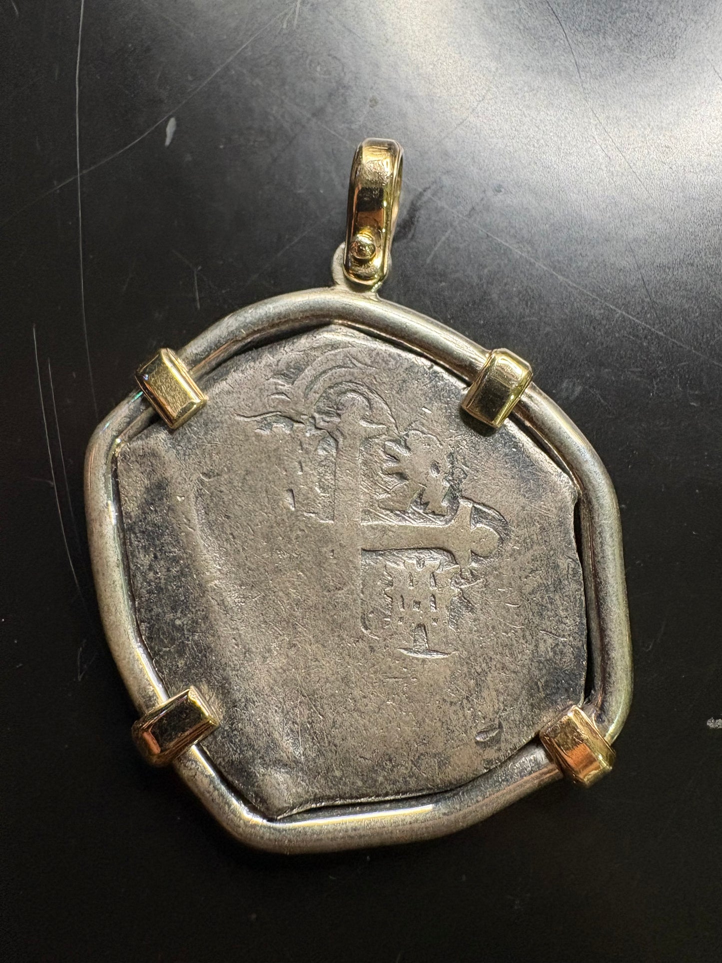 Sterling and 14kt Mounted 1715 Fleet 8 Reale, Grade 1, Philip V Reign, Mexico City Mint, J Assayer, 37.7 Grams Finished.