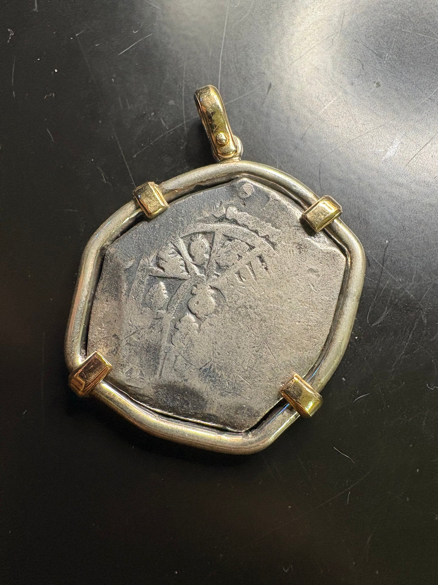 Sterling and 14kt Mounted 1715 Fleet 8 Reale, Grade 1, Philip V Reign, Mexico City Mint, J Assayer, 37.7 Grams Finished.