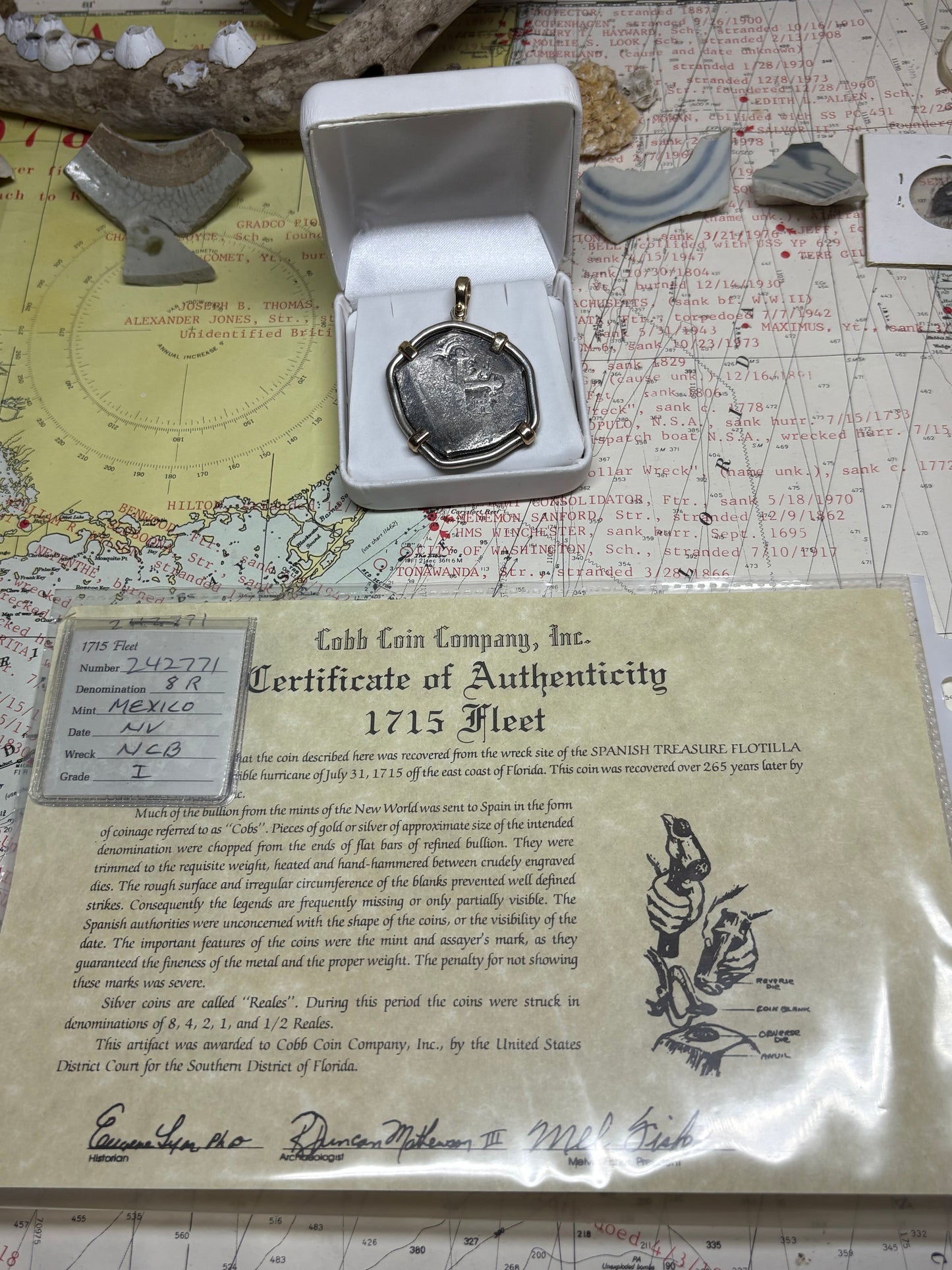 Sterling and 14kt Mounted 1715 Fleet 8 Reale, Grade 1, Philip V Reign, Mexico City Mint, J Assayer, 37.7 Grams Finished.