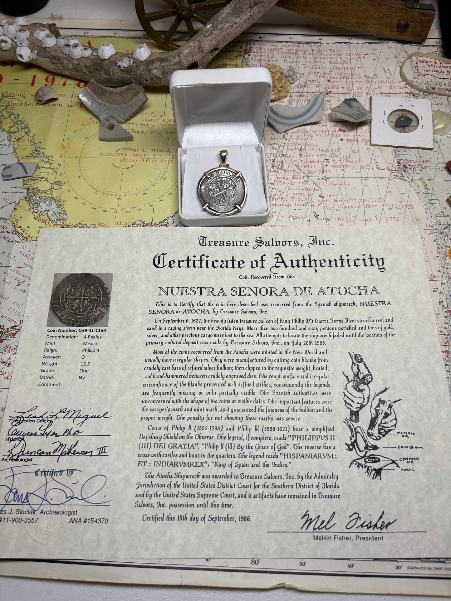 Atocha Shipwreck 4 Reale, Grade 1 Rare Mexico Mint, Rare O assayer, Philip II Reign, Mounted in 14 kt Gold, 23.0 Grams Finished.