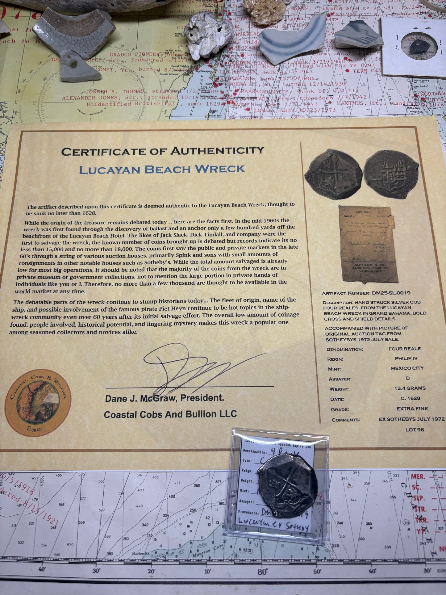 Lucayan Beach Wreck 4 Reale, Philip IV Reign, Mexico City Mint, D Assayer, 13.4 Grams, Rare Sothebys Auctions Provenance.
