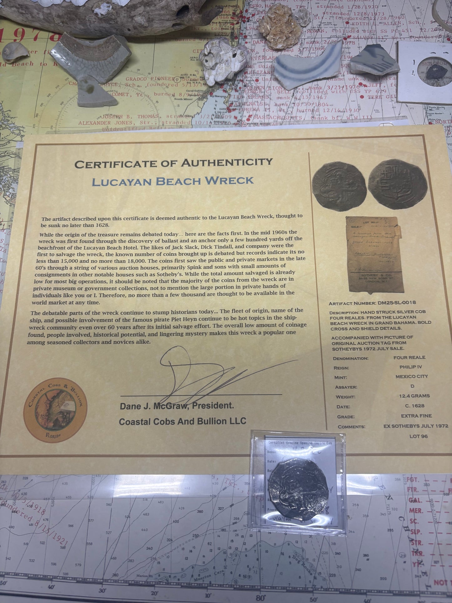 Lucayan Beach Wreck 4 Reale, Philip IV Reign, Mexico City Mint, D Assayer, 12.4 Grams, Rare Sothebys Auction Provenance.