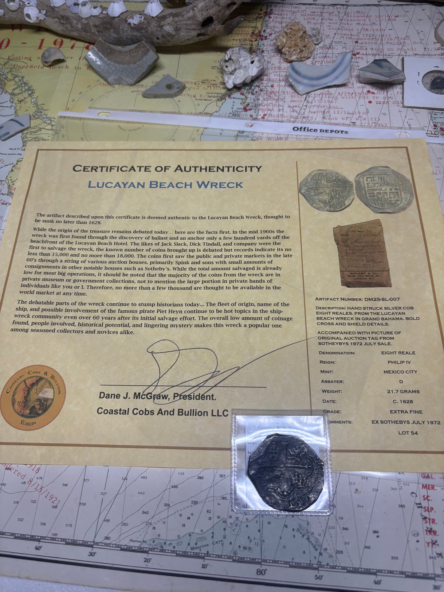 Lucayan Beach Wreck 8 Reale, Philip IV Reign, Mexico City Mint, D Assayer, 21.7 Grams, Rare Sothebys Auction Provenance.