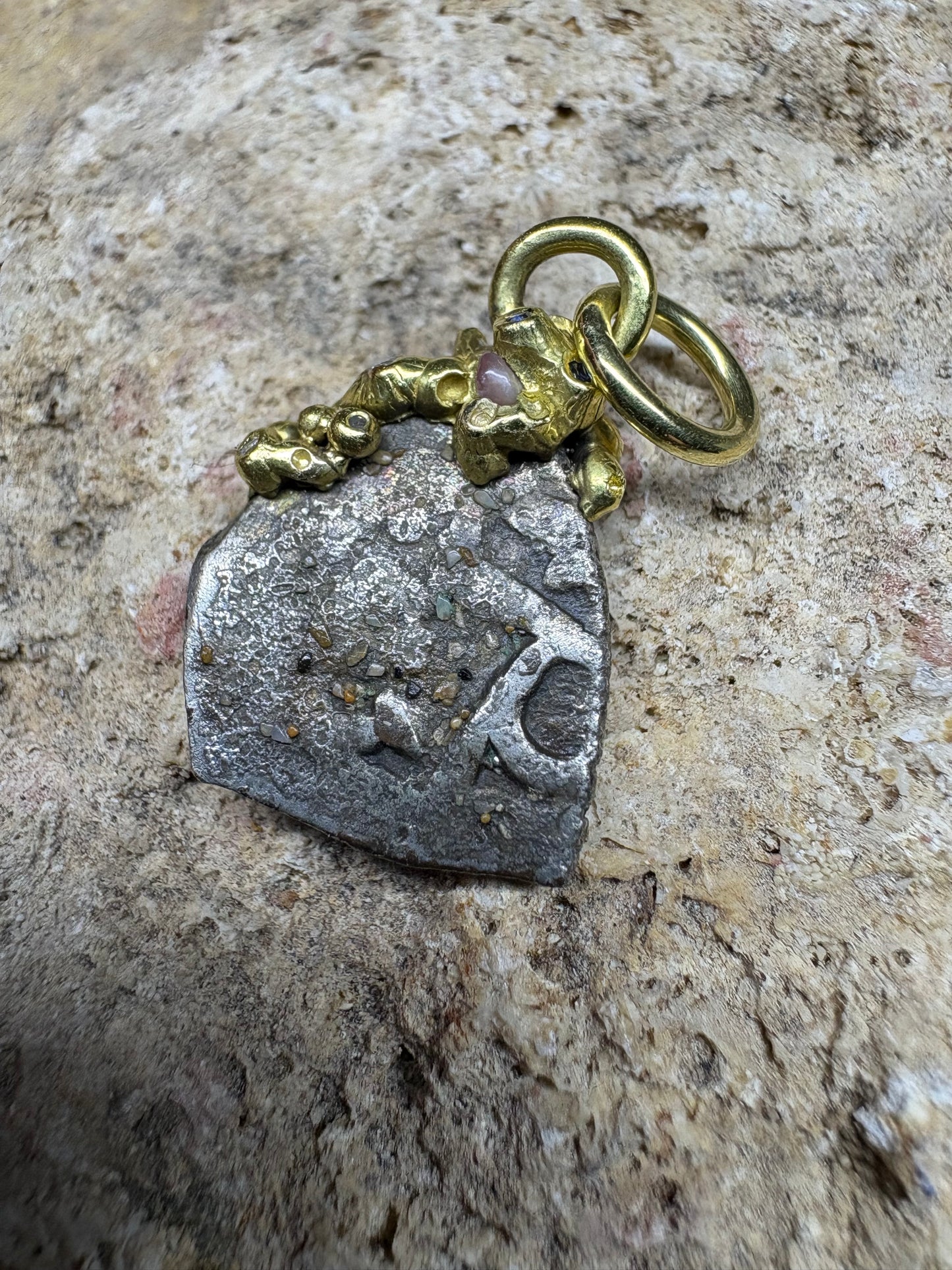 Limited Gold Barnacle Encrusted 1715 Fleet Rare Grade 1 1/2 Reale Pendant/Charm, Sapphire, Diamonds, and Pearls in Custom Setting.