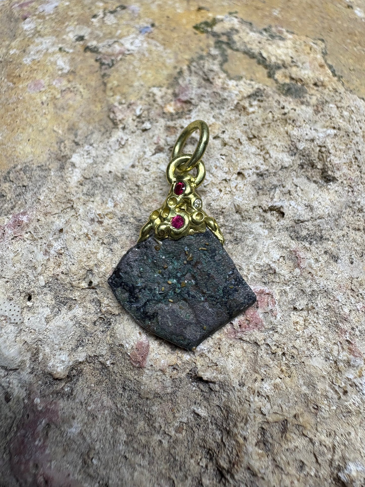 Limited Gold Barnacle Encrusted 1715 Fleet Rare Greenie 1/2 Reale Pendant/Charm, Rubys, Diamonds, and Pearls in Custom Setting.