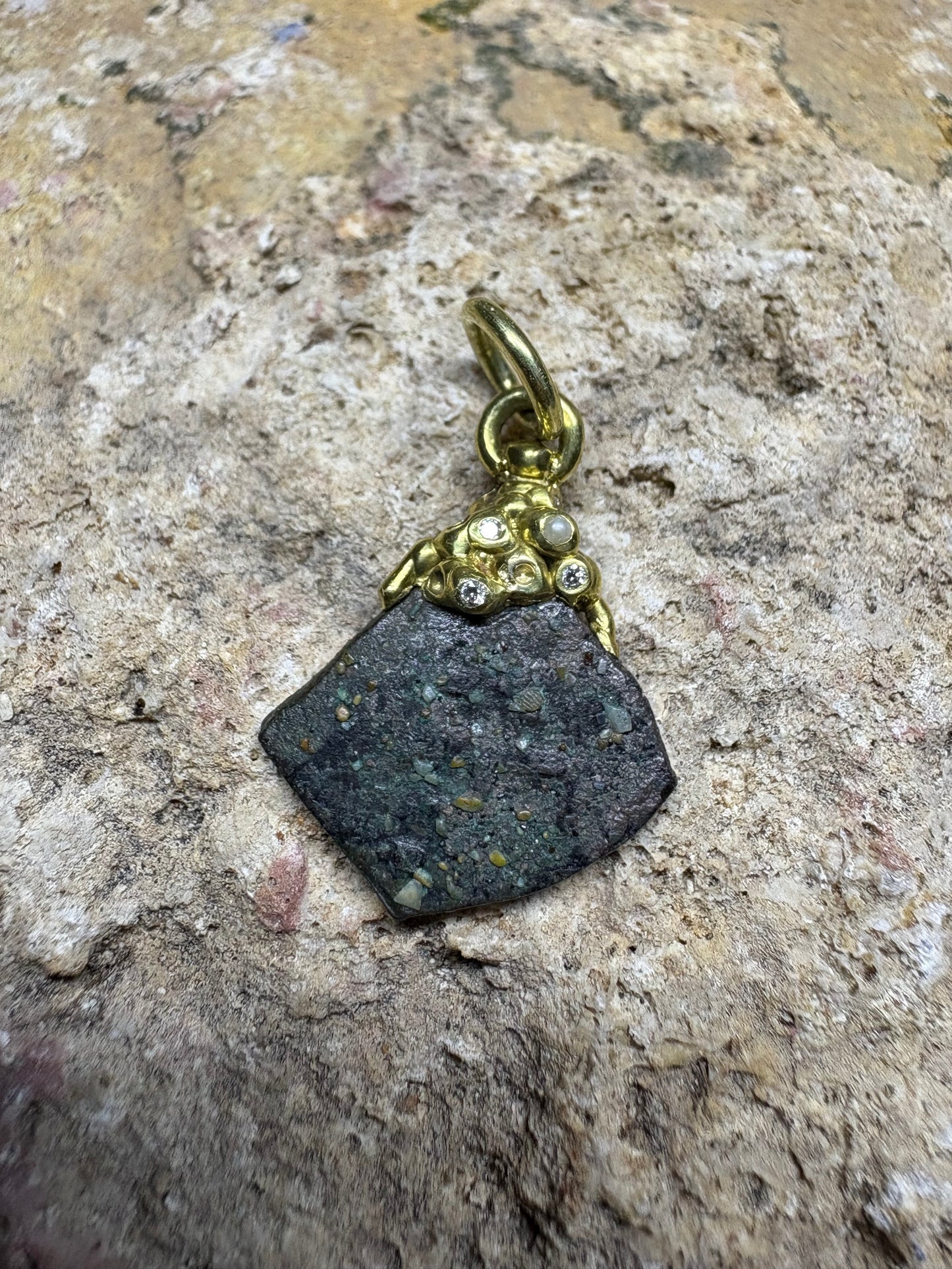 Limited Gold Barnacle Encrusted 1715 Fleet Rare Greenie 1/2 Reale Pendant/Charm, Rubys, Diamonds, and Pearls in Custom Setting.