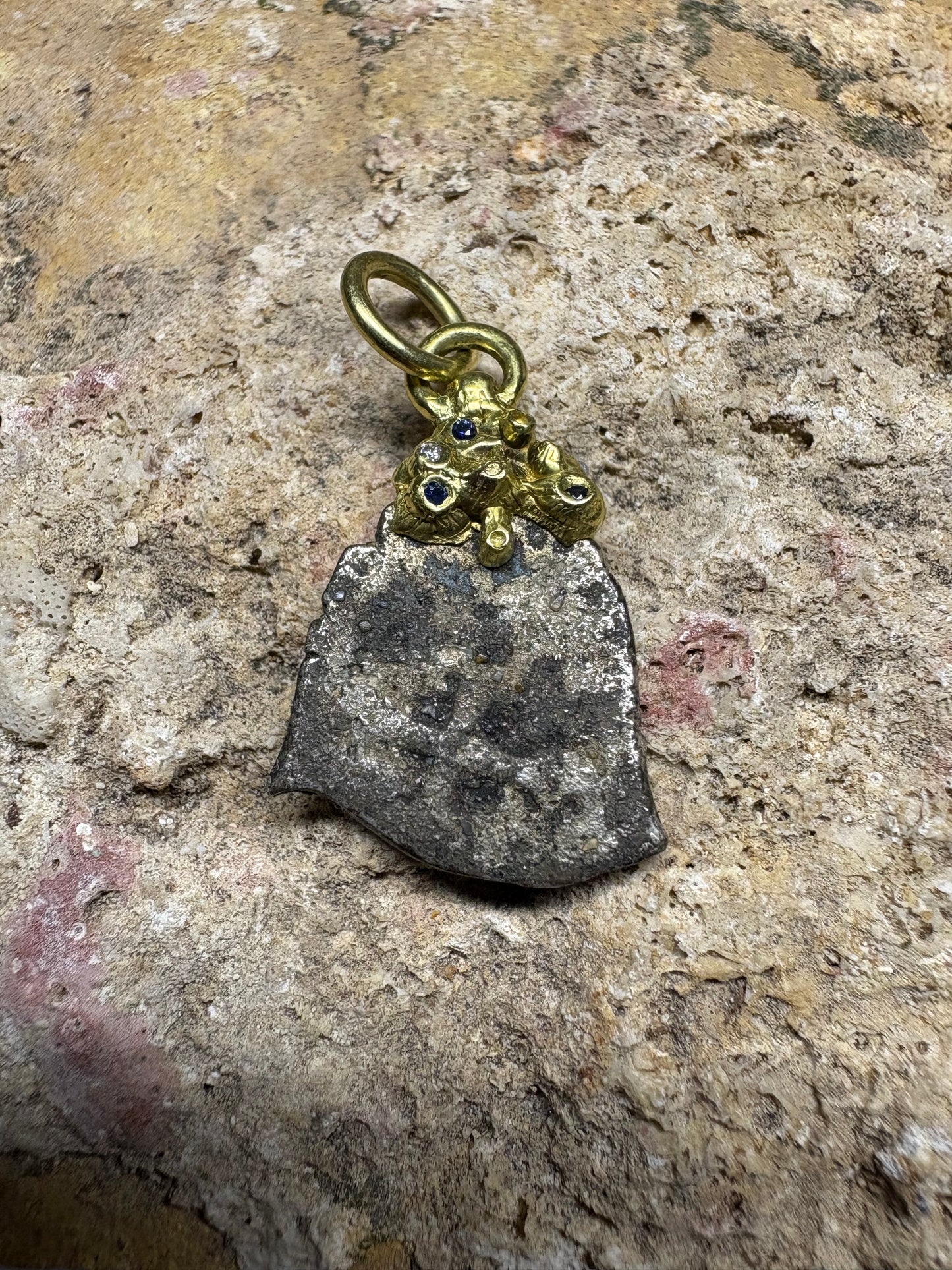 Limited Gold Barnacle Encrusted 1715 Fleet Rare Greenie 1/2 Reale Pendant/Charm, Sapphires, Emeralds, Diamonds, and Pearls in Custom Setting.