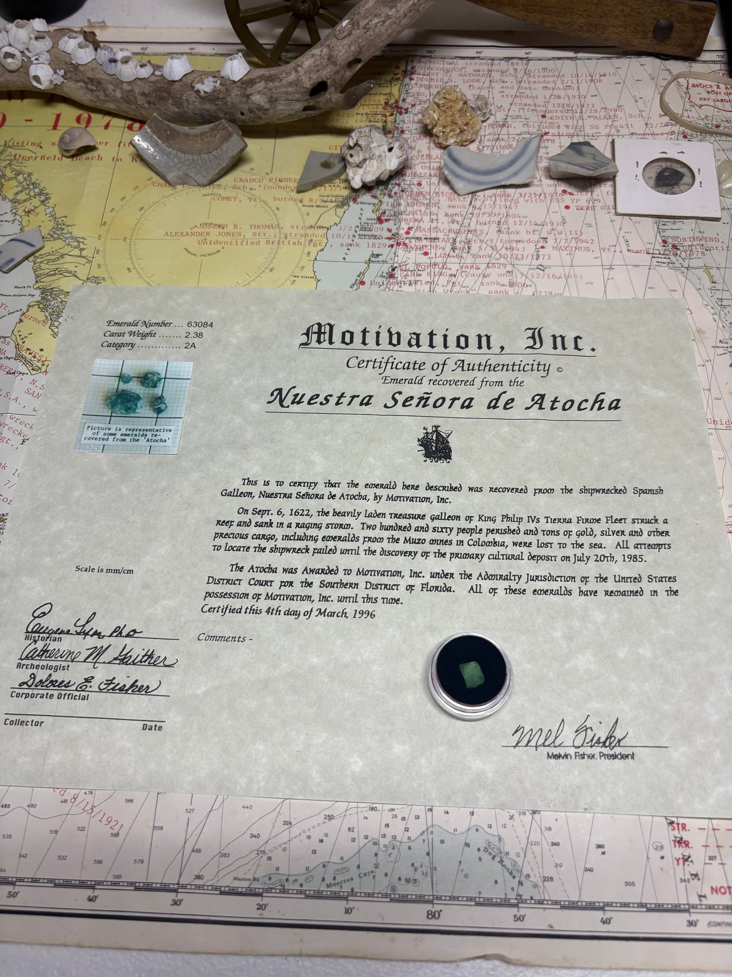 Atocha Shipwreck Emerald, 2.38 Carat Weight, Graded 2A, Motivation Inc. COA Mel Fisher.