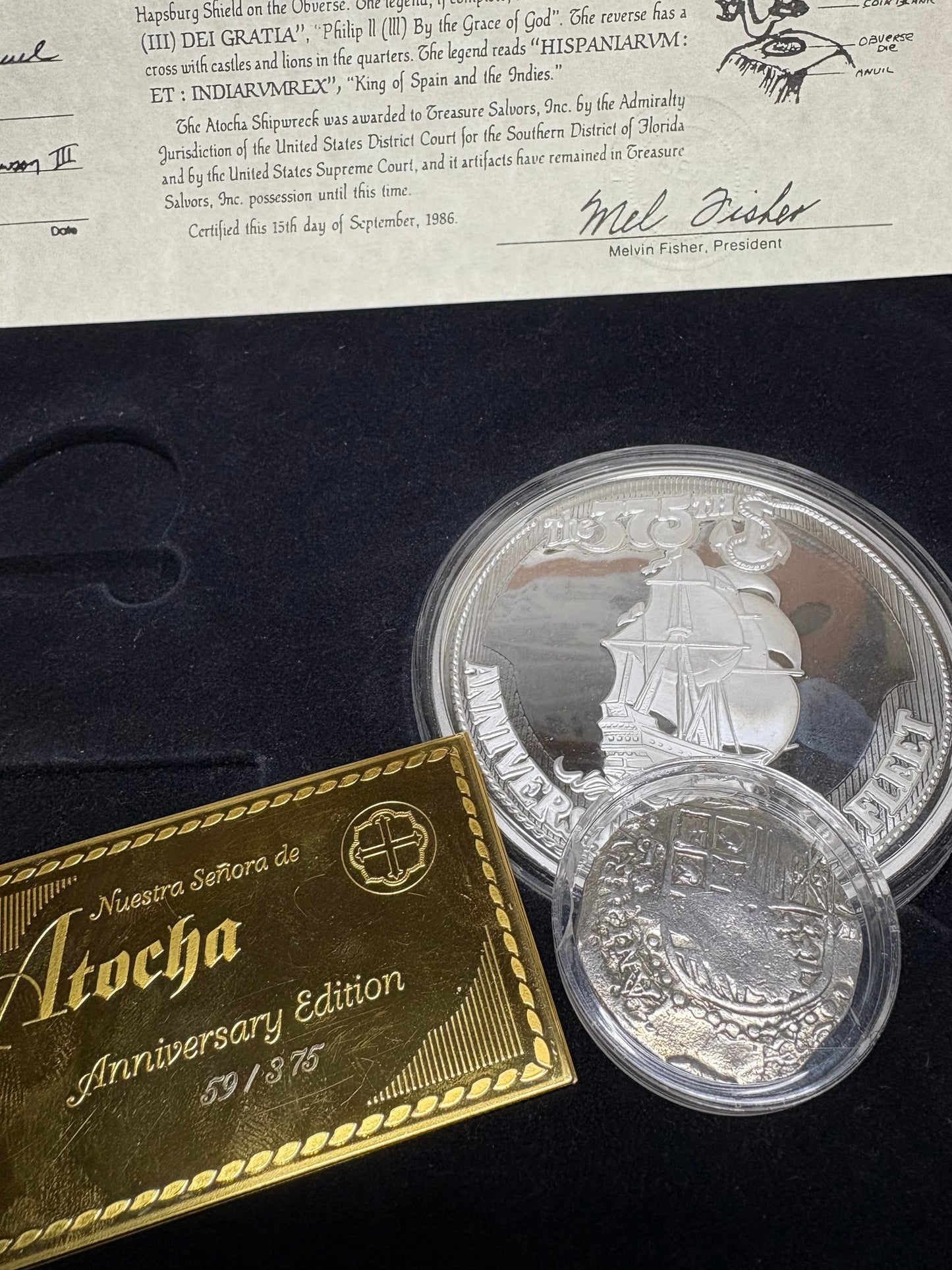 Atocha Shipwreck 8 Reale and 8 oz Silver Bullion Set, Grade 1, Ted Miguel COA, Philip III Reign, Potosi Mint, T Assayer, 26.4 Grams, Chest 5.