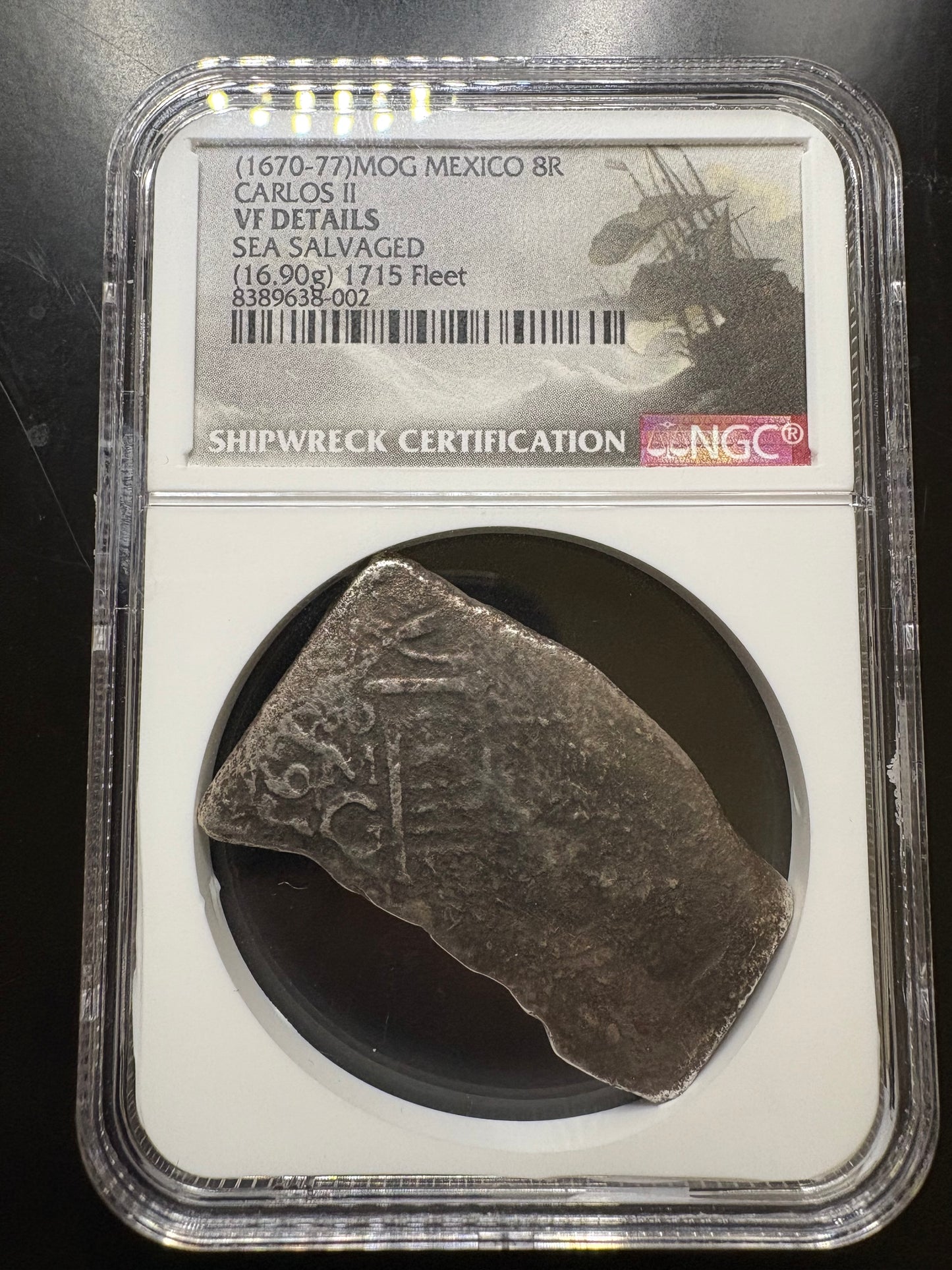 Rare 1715 Fleet G Assayer 8 Reale, Charles II Reign, G Assayer, 16.90 Grams, VF Detail NGC Certified.
