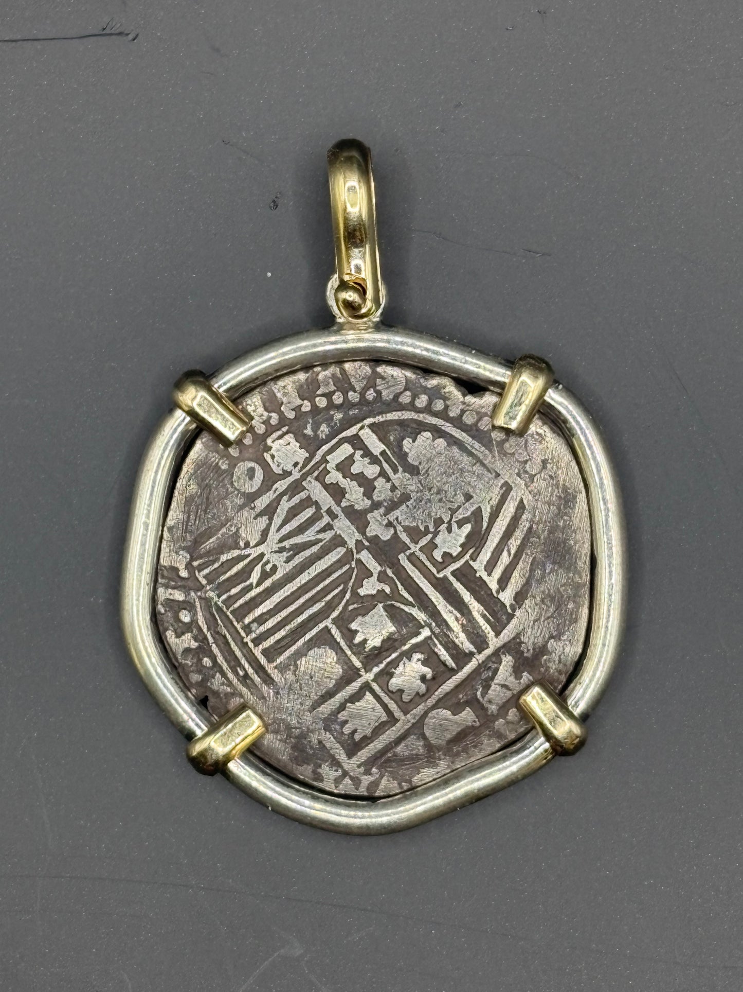 RARE A/B Assayer 4 Reale Cob Pendant, Set in 14kt and Sterling Mount, 22.1 Grams including bezel, Potosi Mint, Philip II Reign, Mule Trail Find.