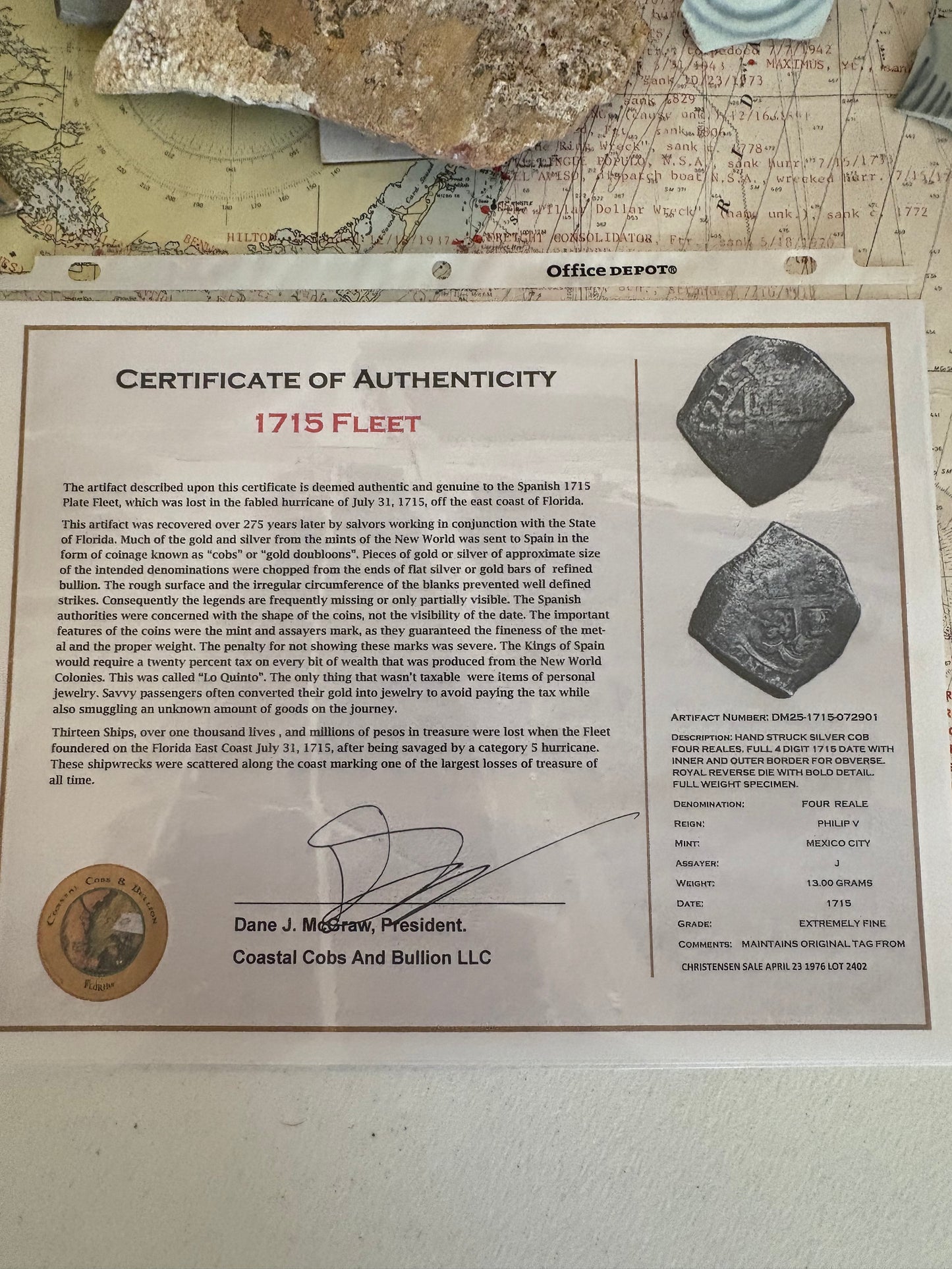 Extremely Rare Full 1715 Date 1715 Fleet 4 Reale, Full 4 digit date, Royal Reverse Die, Mexico Mint, Philip V Reign, 13.00 Grams, Original Christensen Tag and Lot #, Ex Real Eight Co.