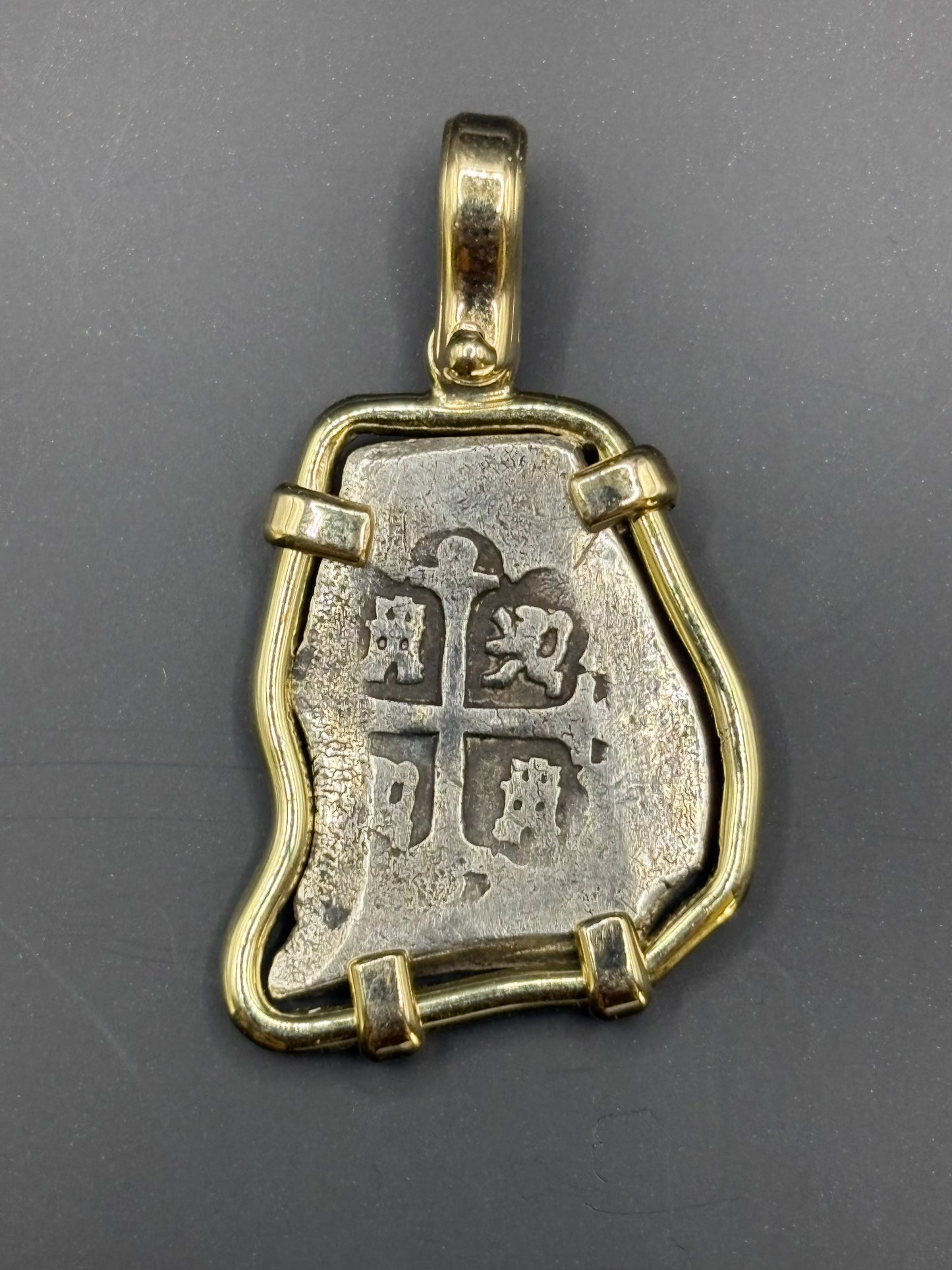 Rare 1715 Fleet 2 Reale, Full 14kt Gold Mounted, 1715 die type on obverse and reverse, 12.61 Grams (coin only), Mexico City Mint, Philip V Reign.