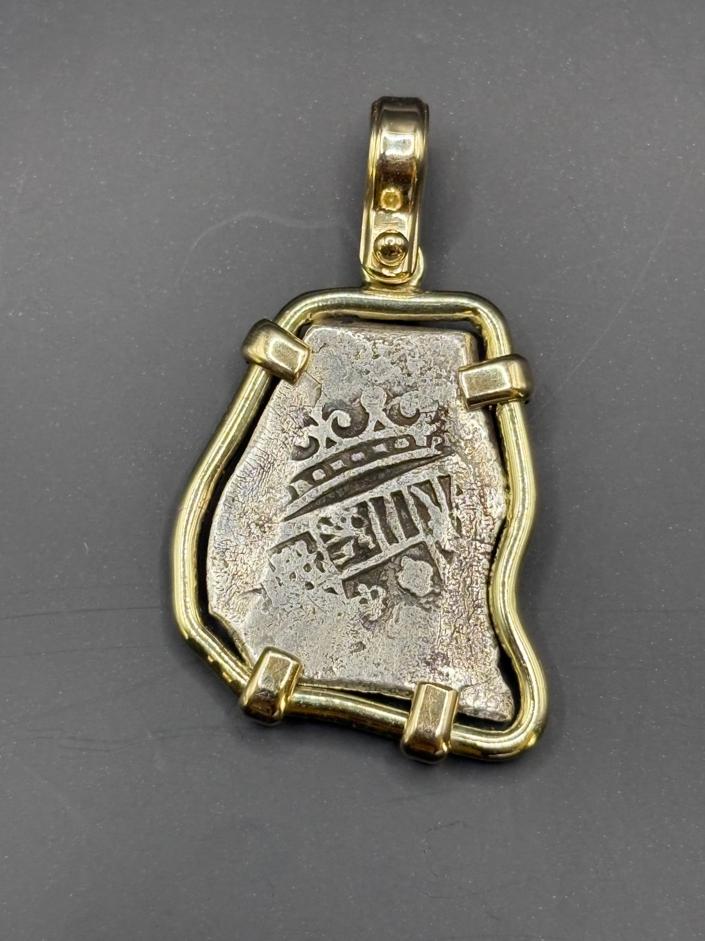 Rare 1715 Fleet 2 Reale, Full 14kt Gold Mounted, 1715 die type on obverse and reverse, 12.61 Grams (coin only), Mexico City Mint, Philip V Reign.