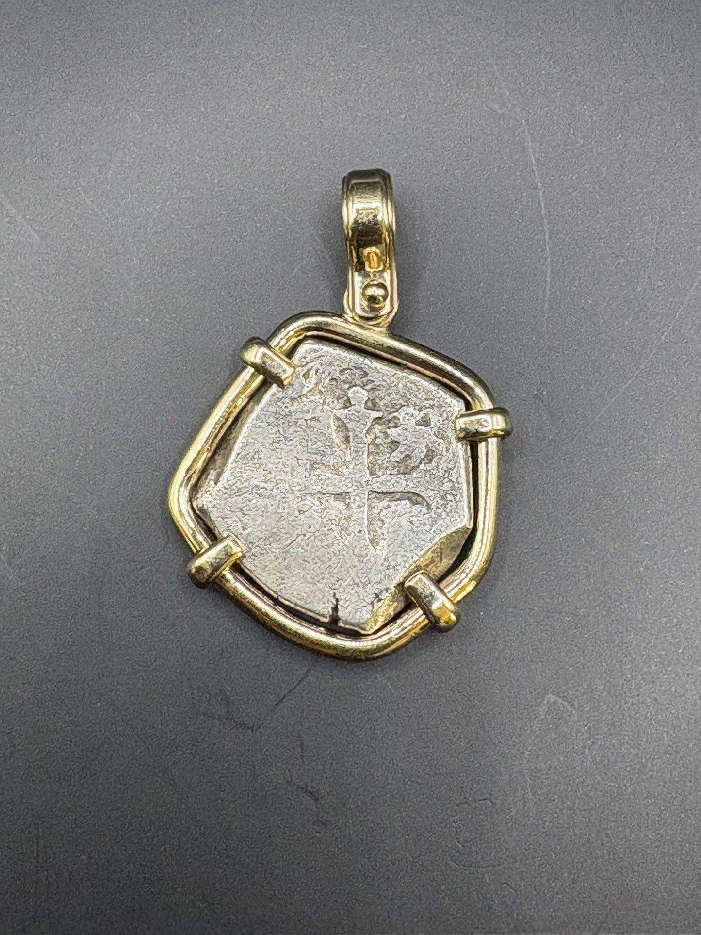 Scarce 1715 Fleet L Assayer 2 Reale in Full 14kt Gold Mount, Mexico City Mint, Charles II Reign, 11.73 Grams including bezel.