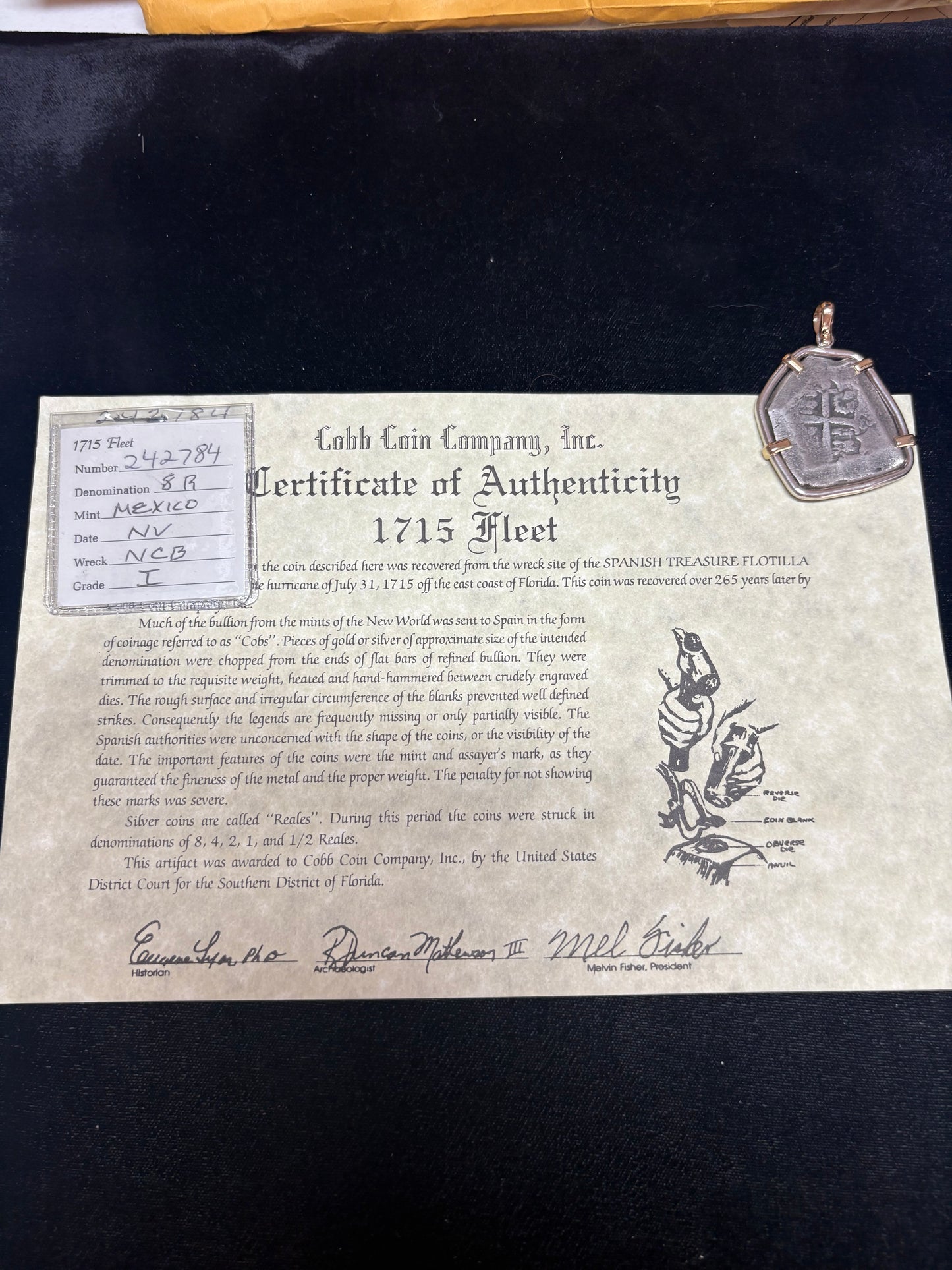 1715 Fleet 8 Reale, 14kt and Sterling Mount, Mexico City Mint, Philip V Reign, 38.6 grams including bezel, Original 90s COA and Flip.