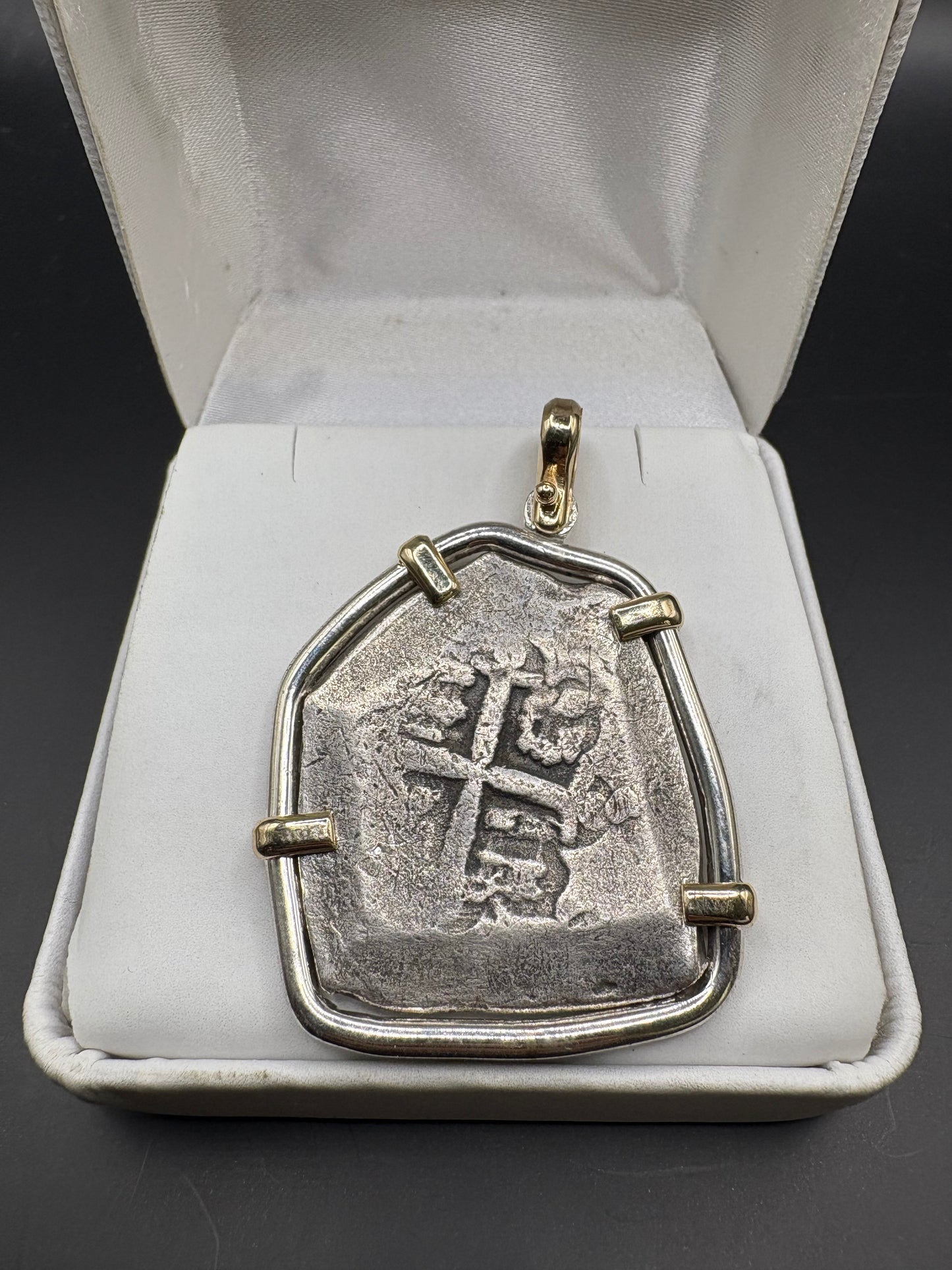 1715 Fleet 8 Reale, 14kt and Sterling Mount, Mexico City Mint, Philip V Reign, 38.6 grams including bezel, Original 90s COA and Flip.