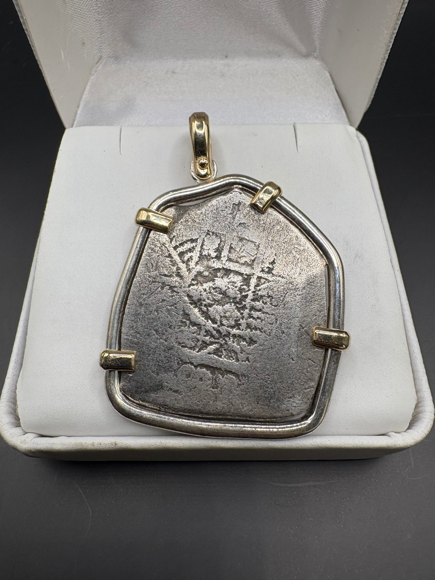 1715 Fleet 8 Reale, 14kt and Sterling Mount, Mexico City Mint, Philip V Reign, 38.6 grams including bezel, Original 90s COA and Flip.
