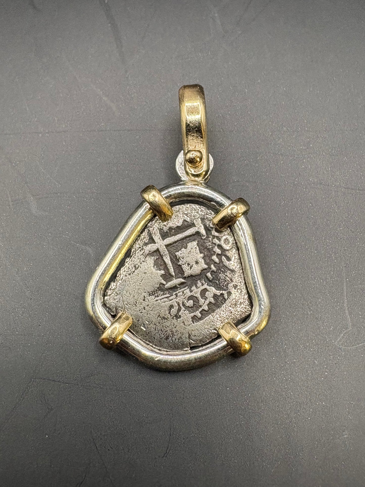 1669 dated 1/2 Reale Pendant, 14kt and Sterling Mount, Potosi Mint, 4.9 Grams incl. bezel, Charles II Reign, 1669 double dated, Rimac River Find.
