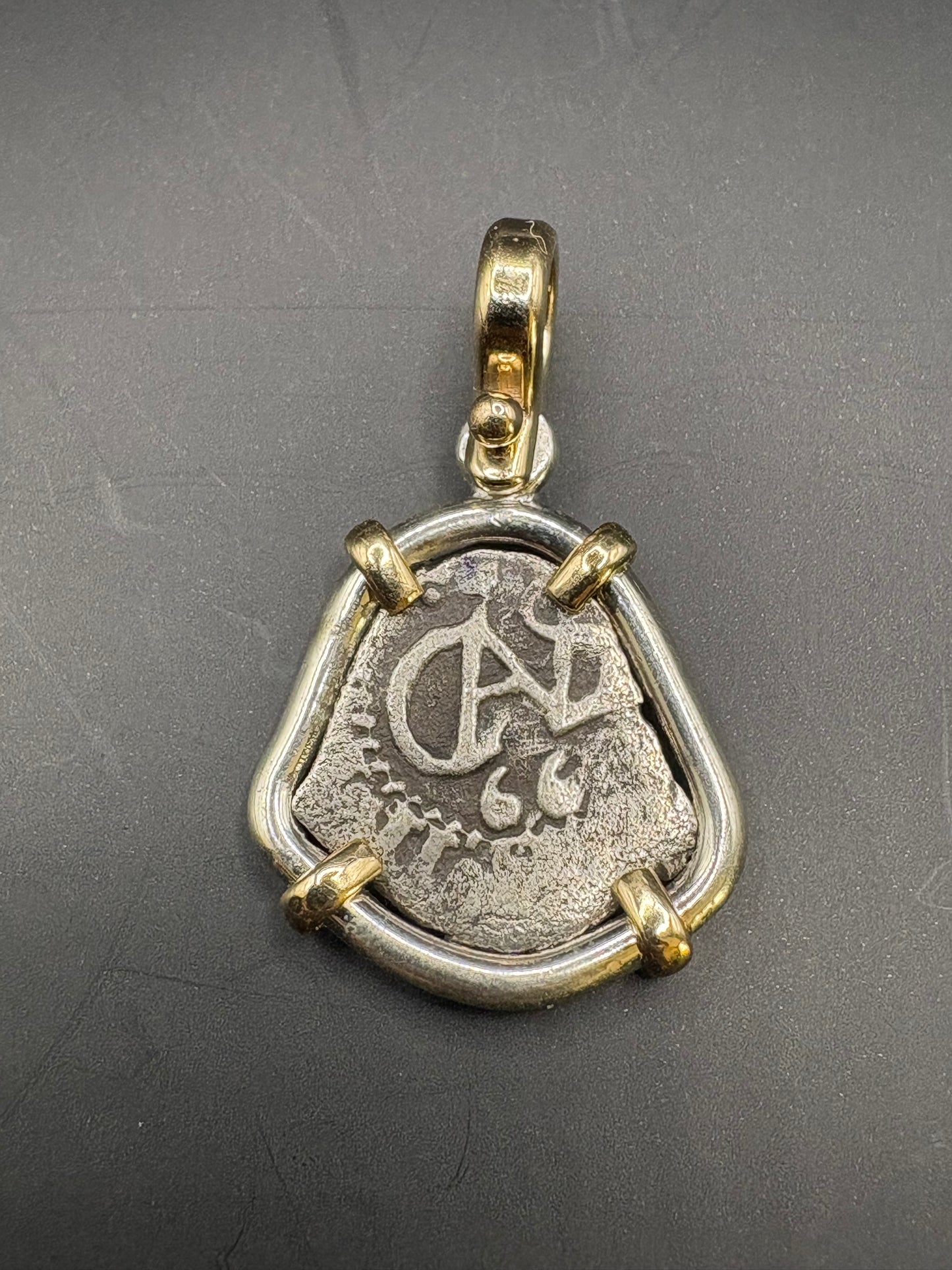 1669 dated 1/2 Reale Pendant, 14kt and Sterling Mount, Potosi Mint, 4.9 Grams incl. bezel, Charles II Reign, 1669 double dated, Rimac River Find.
