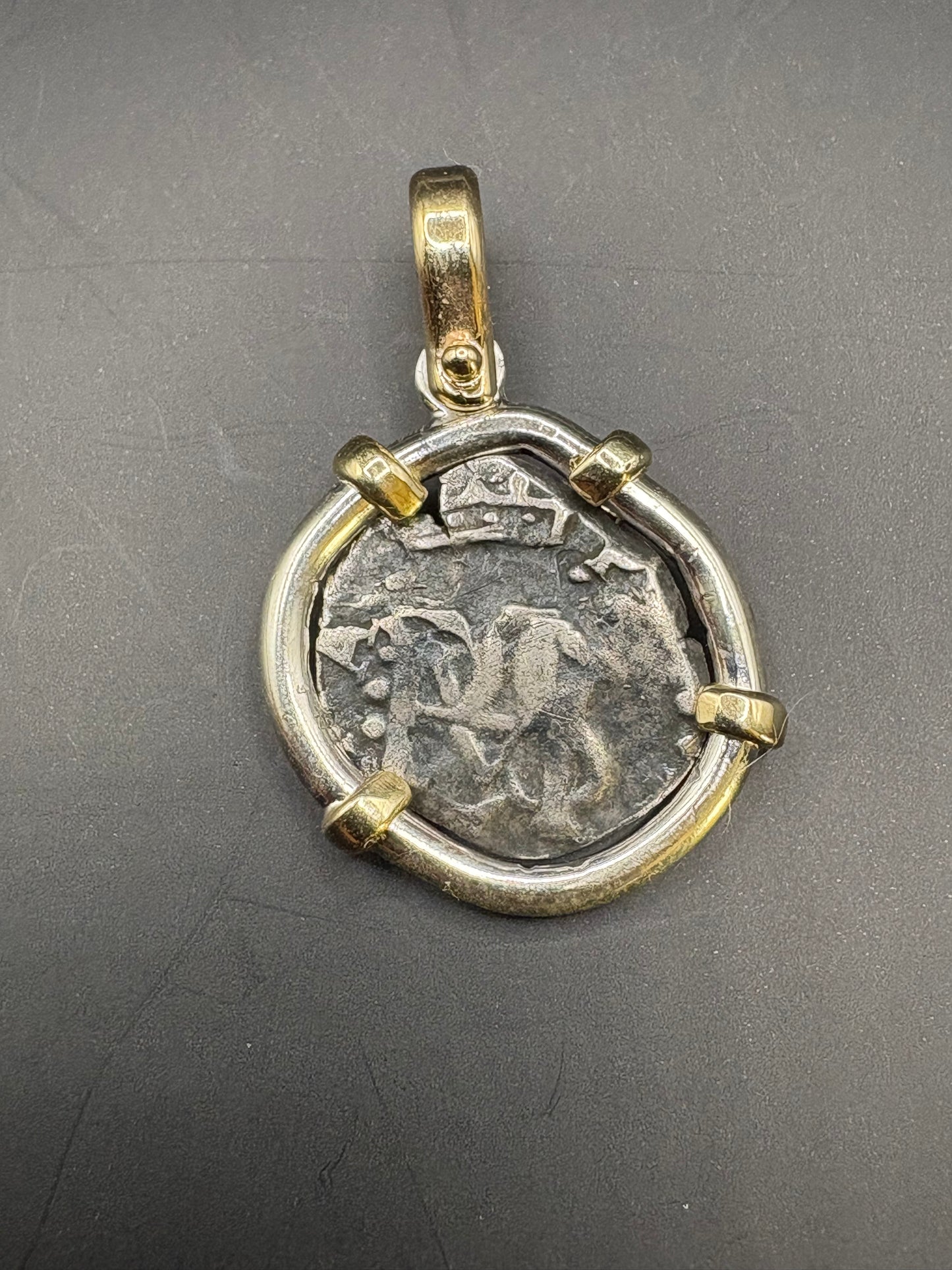 1600s Potosi Mint 1/2 Reale Pendant in 14kt and Sterling Mount. Philip IV type Monogram, No Assayer mark, Uncommon type.