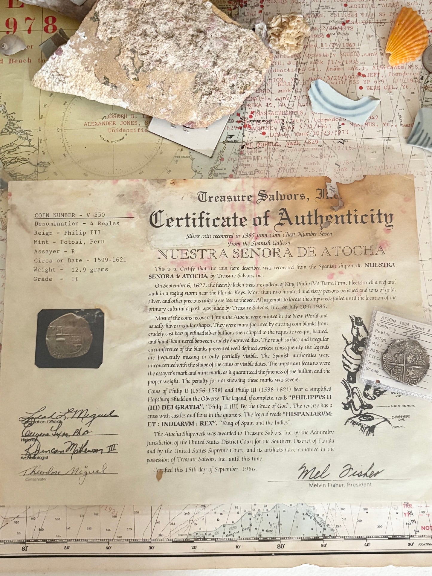 Rare Atocha Shipwreck 4 Reale, Grade 2, Philip III Reign, Potosi Mint, 12.9 grams, Vanguard Ventures Division Coin, Signed by Thomas Miguel. TSI: V550
