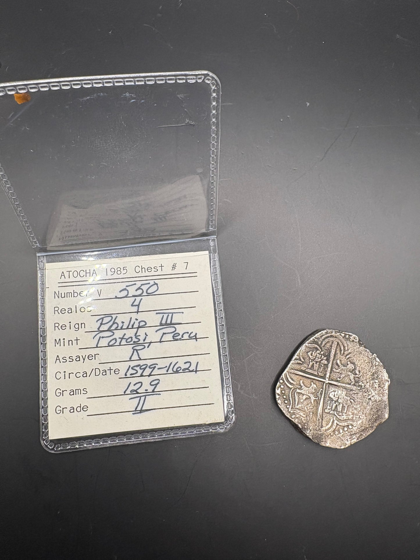 Rare Atocha Shipwreck 4 Reale, Grade 2, Philip III Reign, Potosi Mint, 12.9 grams, Vanguard Ventures Division Coin, Signed by Thomas Miguel. TSI: V550