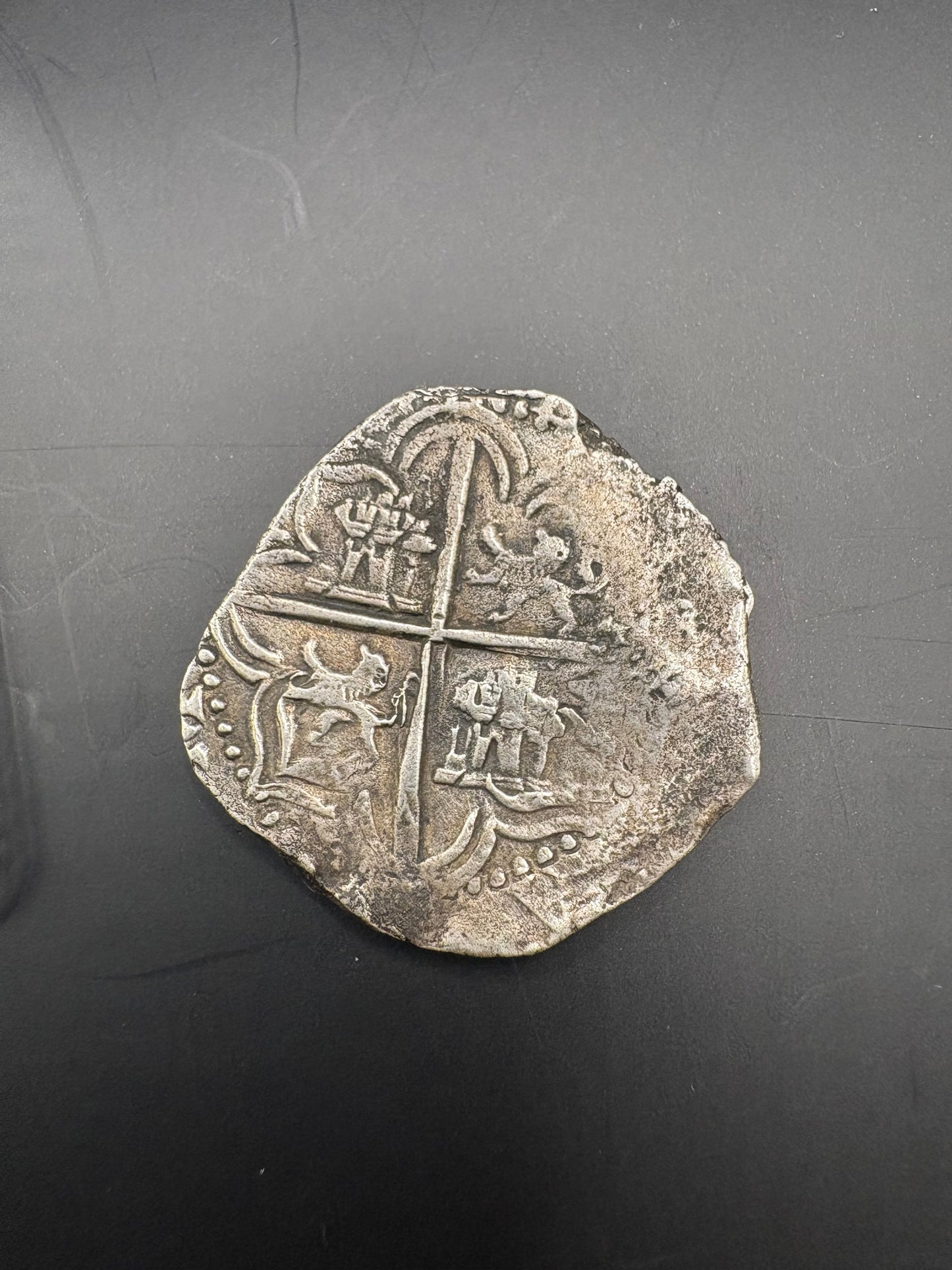 Rare Atocha Shipwreck 4 Reale, Grade 2, Philip III Reign, Potosi Mint, 12.9 grams, Vanguard Ventures Division Coin, Signed by Thomas Miguel. TSI: V550