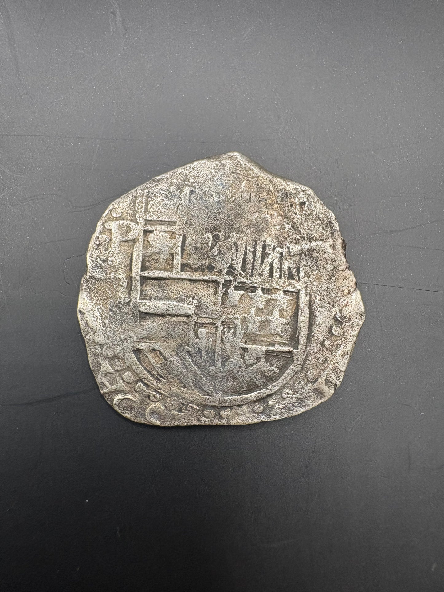 Rare Atocha Shipwreck 4 Reale, Grade 2, Philip III Reign, Potosi Mint, 12.9 grams, Vanguard Ventures Division Coin, Signed by Thomas Miguel. TSI: V550