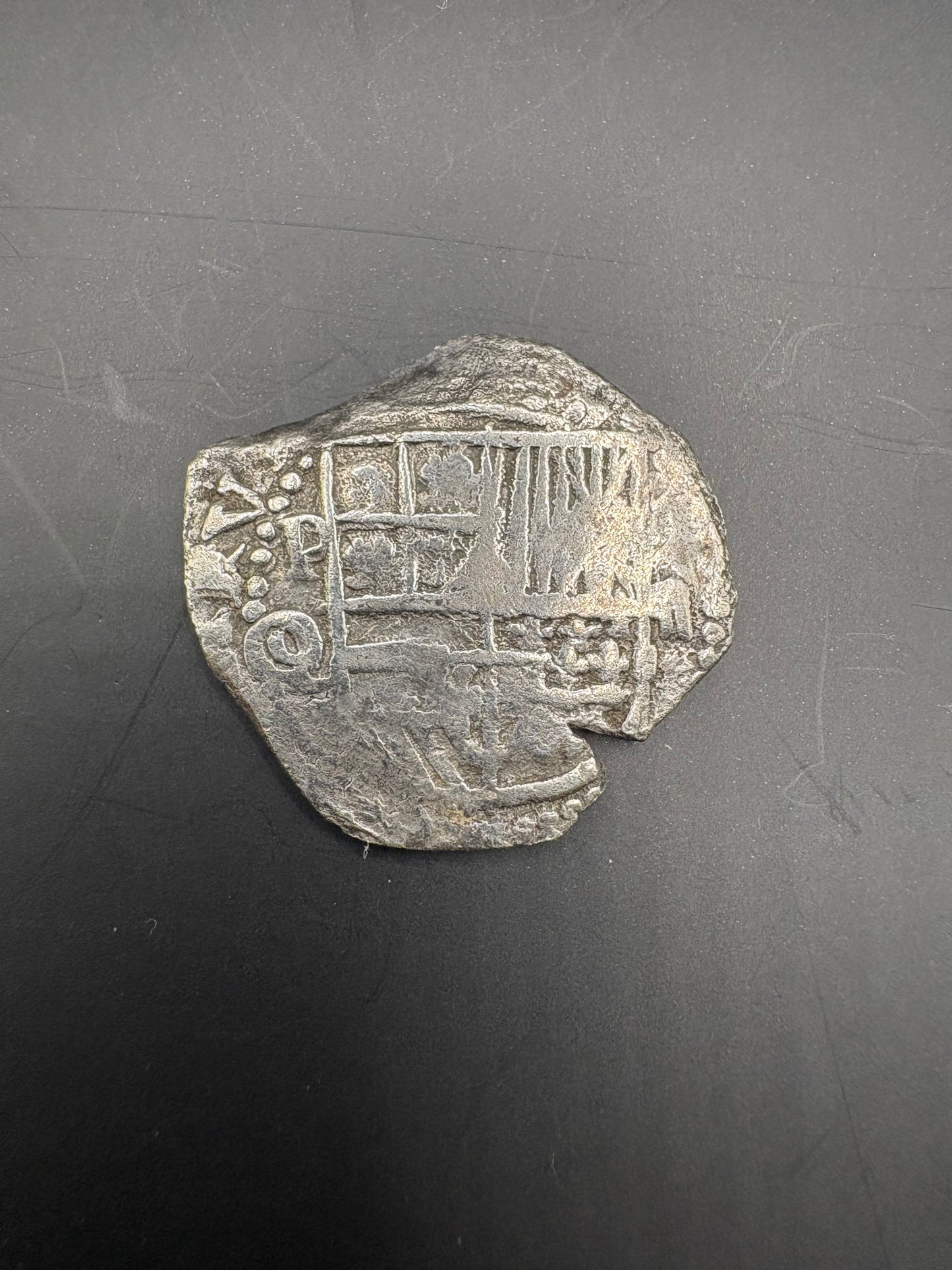 Rare Atocha Shipwreck 2 Reale Grade 2, Q/C Assayer, Napkin Deal Chest 9, Potosi Mint, Philip III Reign, 5.7 Grams. Original Jim Sinclair Certificate.