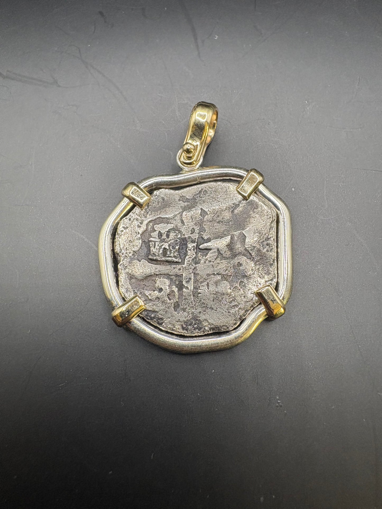 Ex Real Eight Co. 1715 Fleet 4 Reale Pendant Set in 14kt and Sterling Silver, 12.14 Grams, Mexico City Mint, Philip V Reign, 1713 die type, M7968