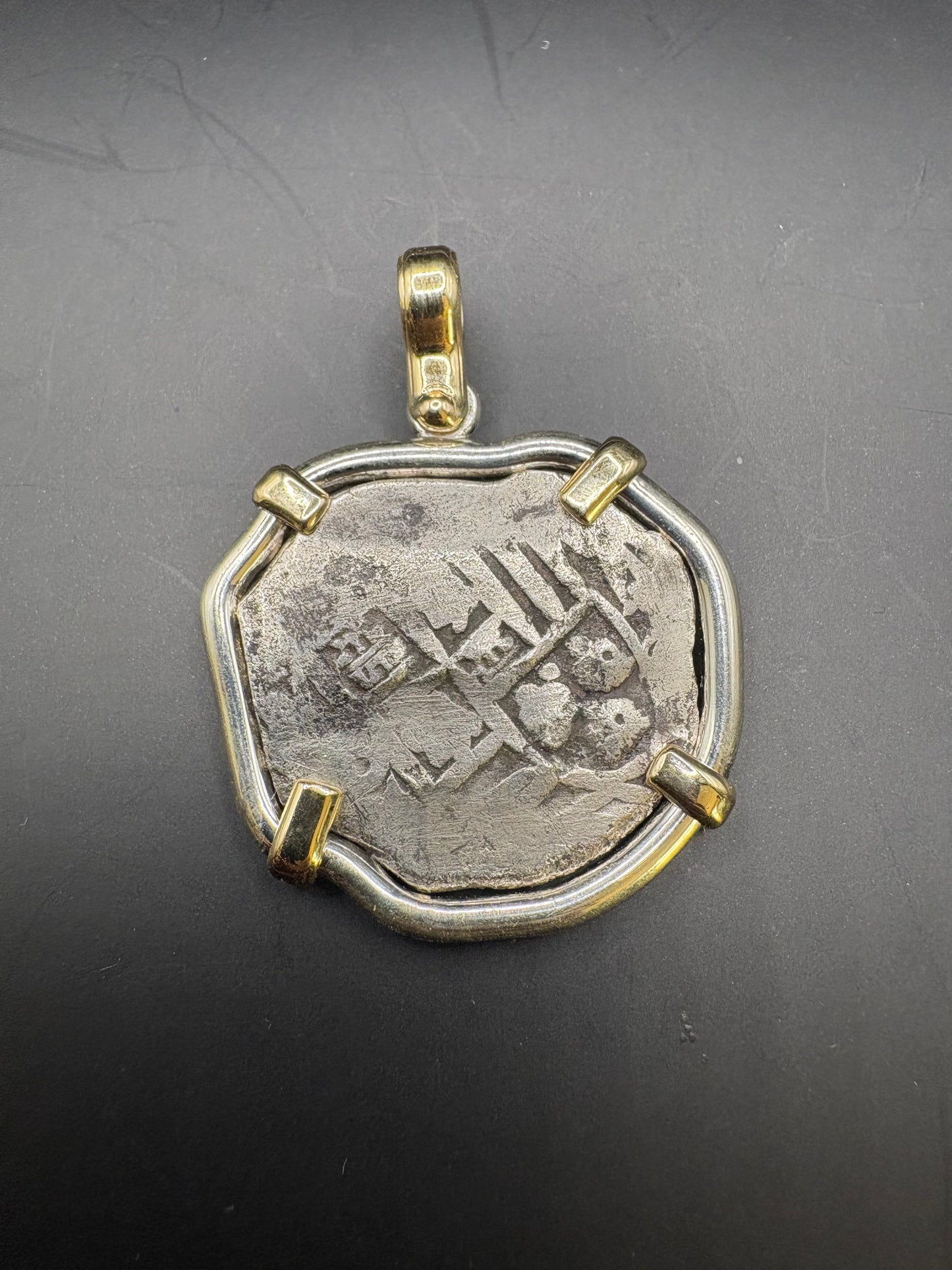 Ex Real Eight Co. 1715 Fleet 4 Reale Pendant Set in 14kt and Sterling Silver, 12.14 Grams, Mexico City Mint, Philip V Reign, 1713 die type, M7968