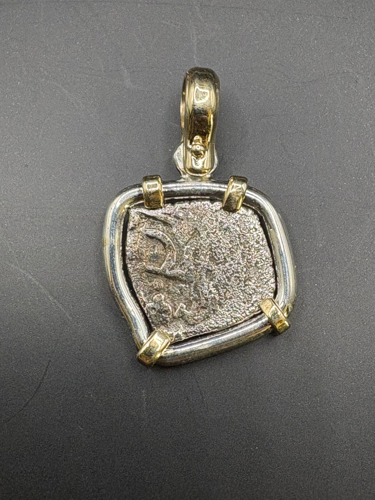 1715 Fleet 1/2 Reale 14kt and Sterling Pendant, Grade 1, 1.7 Grams, Mexico City Mint, J Assayer, Philip V Reign,