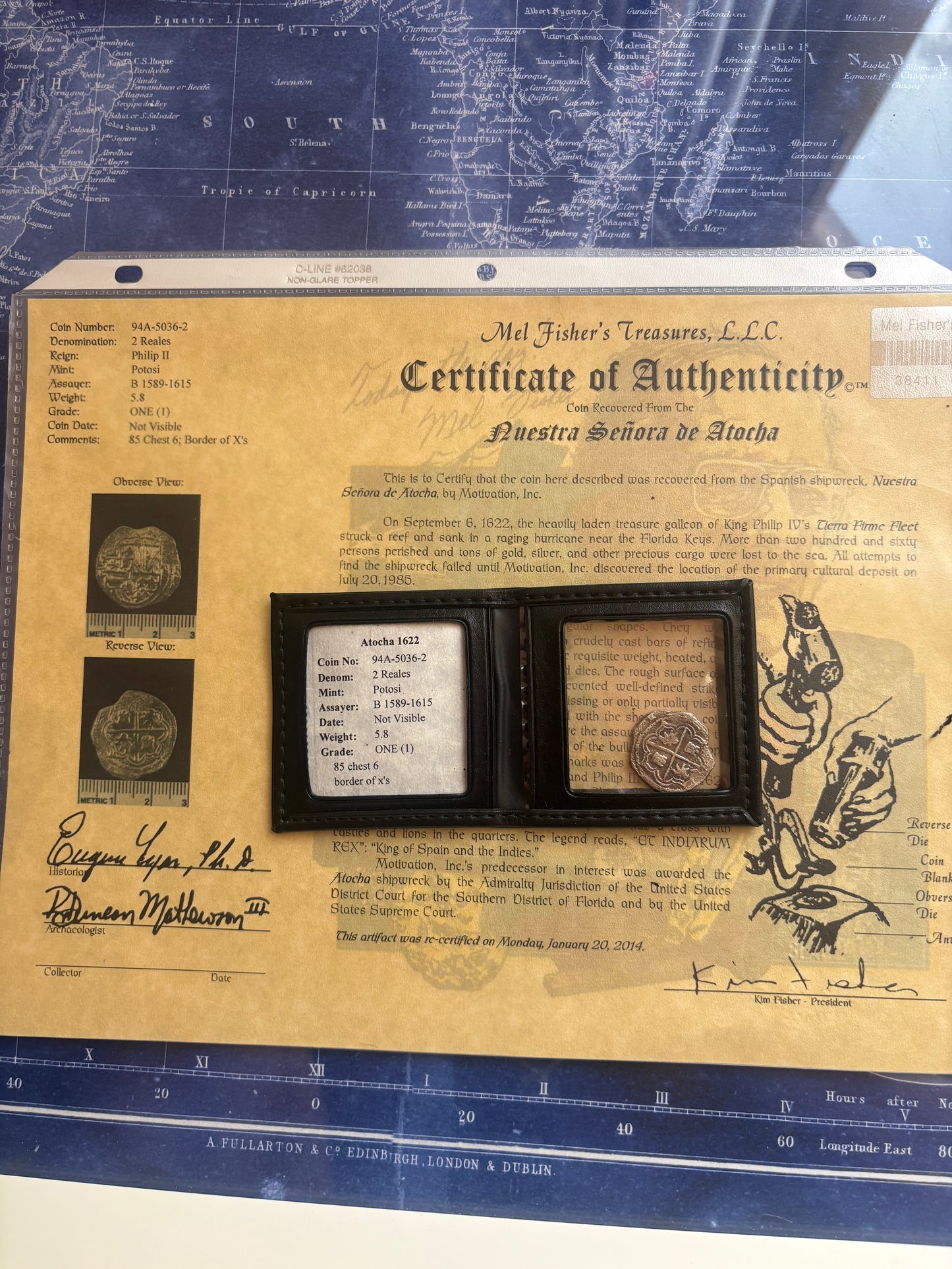 Rare Atocha Shipwreck 2 Reales, B Assayer with X Borders, Grade 1, 5.8 Grams, Philip II Reign, Potosi Mint, COA and Flip.