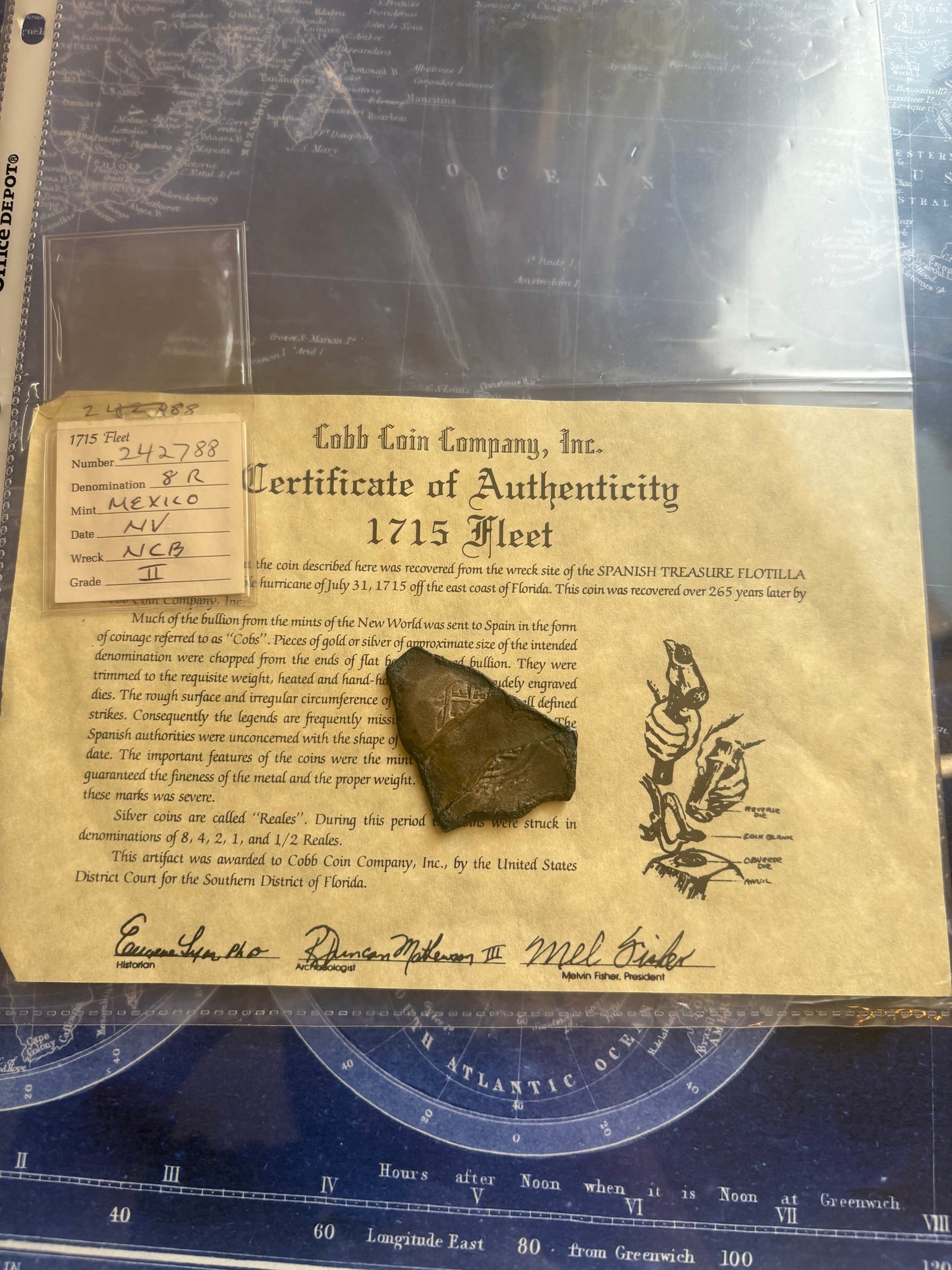 1715 Fleet Shipwreck 8 Reale, Mexico City Mint, L Assayer, 27.2 Grams, Charles II Reign, CCC COA, End of Bar Planchet.