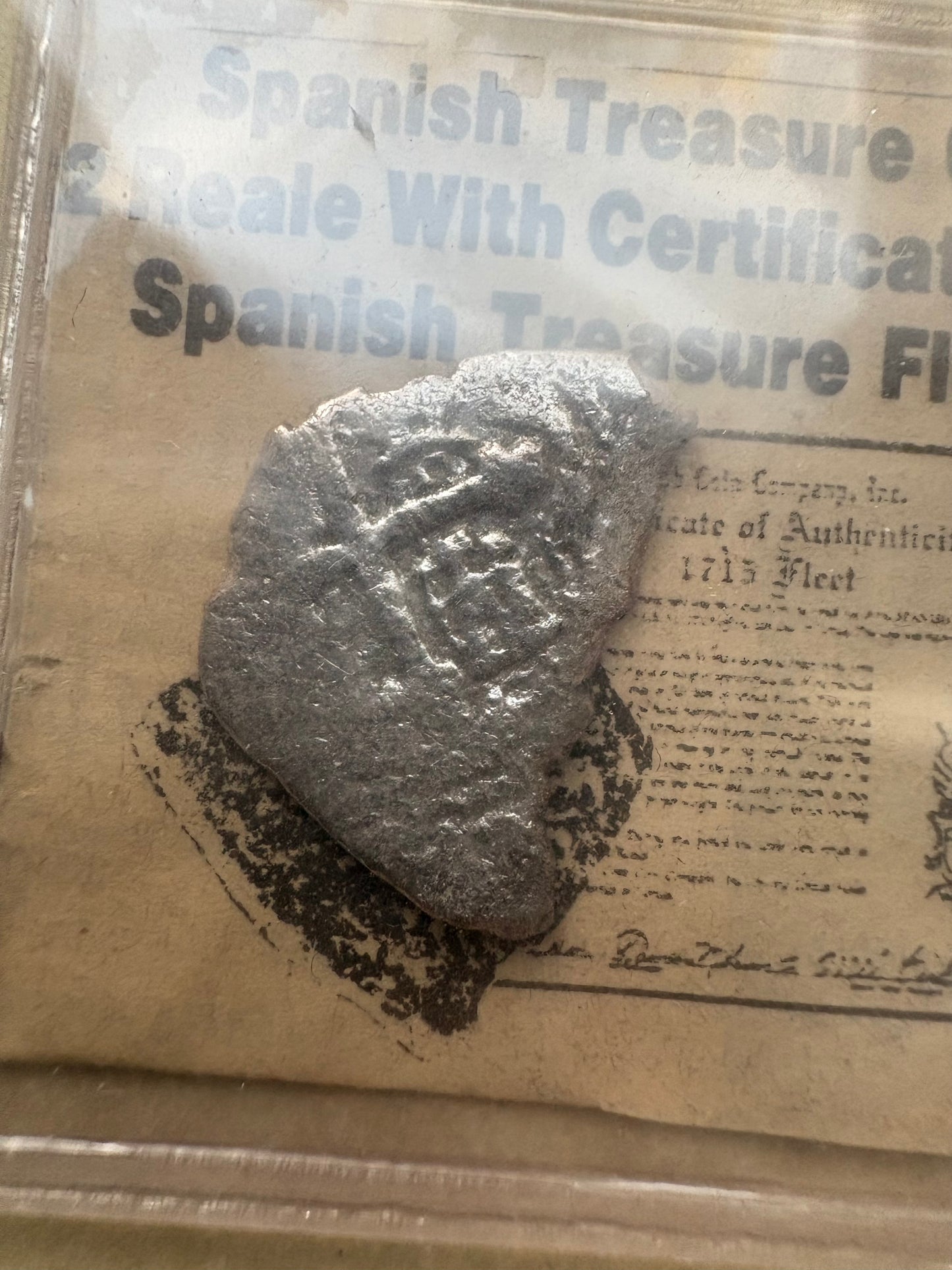 1715 Fleet 2 Reale in Frame. Mexico City Mint, J Assayer, Philip V Reign, Hand signed by the late Carl Fismer.