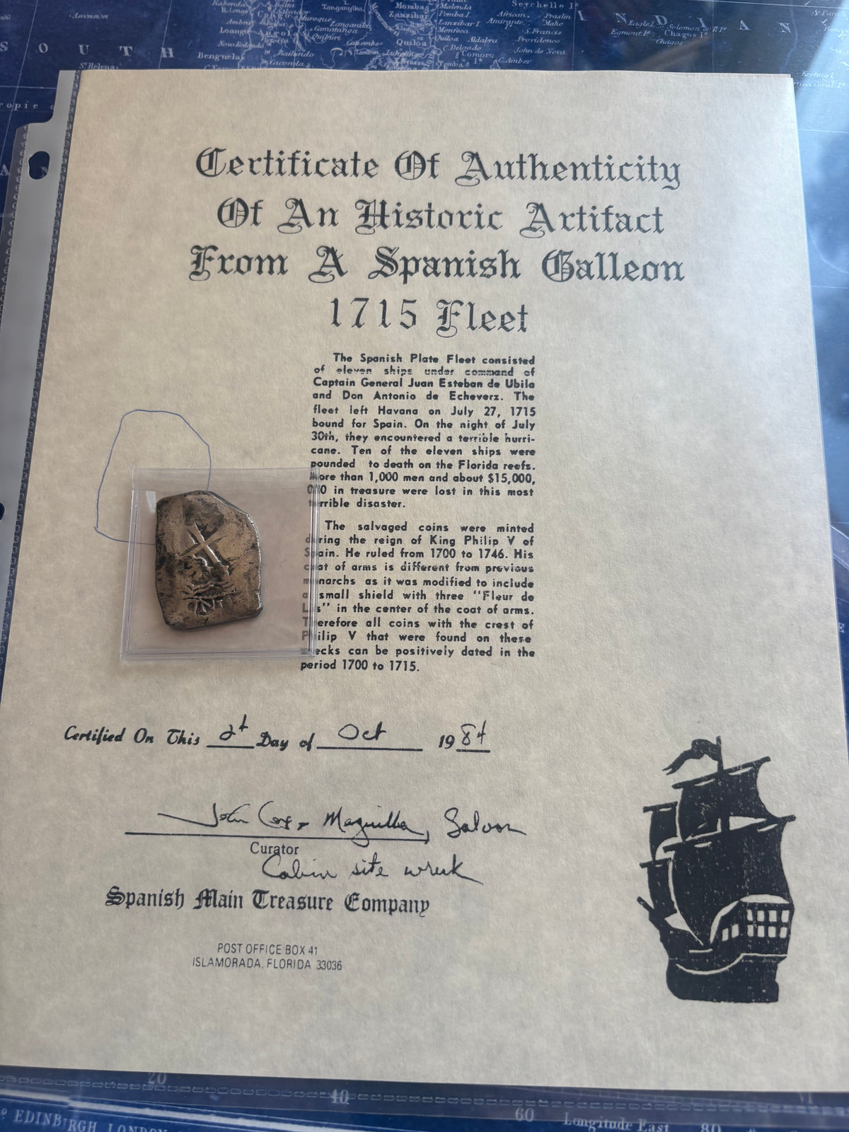 1715 Fleet Shipwreck 8 Reale, Mexico City Mint, J Assayer, Philip V Reign, Spanish Main Treasure Co. COA.