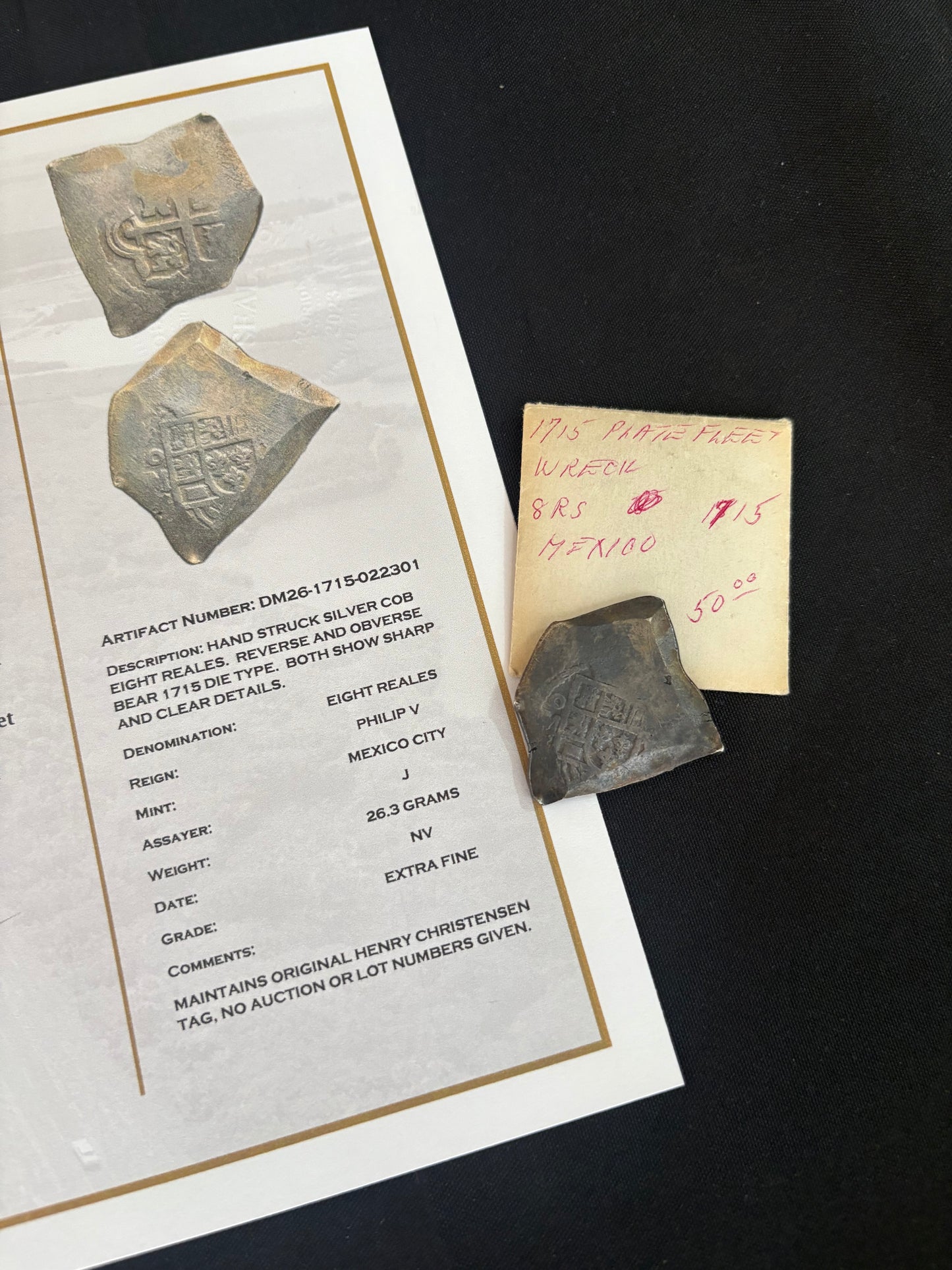 1715 Fleet Shipwreck 8 Reales, Mexico City Mint, J Assayer, 26.3 Grams Full Weight, Original Henry Christensen Tag.