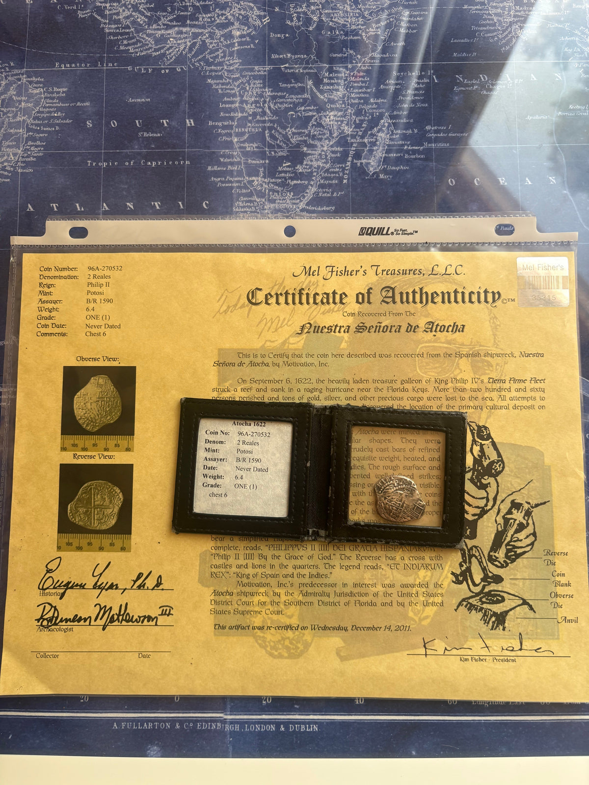 Rare Atocha Shipwreck 2 Reales, Potosi Mint, BR Assayer, Grade 1, 6.4 grams, Philip II Reign, COA and Flip.