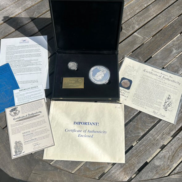 Atocha Shipwreck 8 Reale and 8 oz Silver Bullion Set, Grade 1, Ted Miguel COA, Philip III Reign, Potosi Mint, T Assayer, 26.4 Grams, Chest 5.