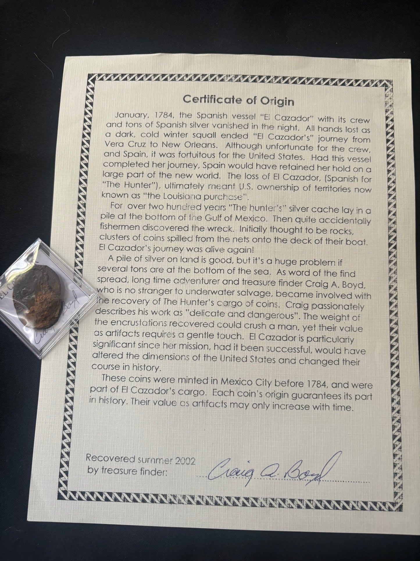 El Cazador Shipwreck Clump of Three 2 Reales, Encrusted in shell and mud, Original Hand Signed COA and Tag.