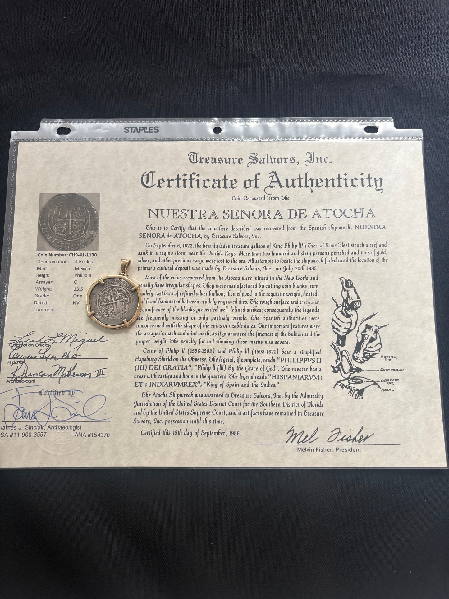 Atocha Shipwreck 4 Reale, Rare Mexico City Mint and O Assayer, 13.5 grams, Solid 14kt Gold Mounting,Napkin Deal Coin! CH9-41-1130