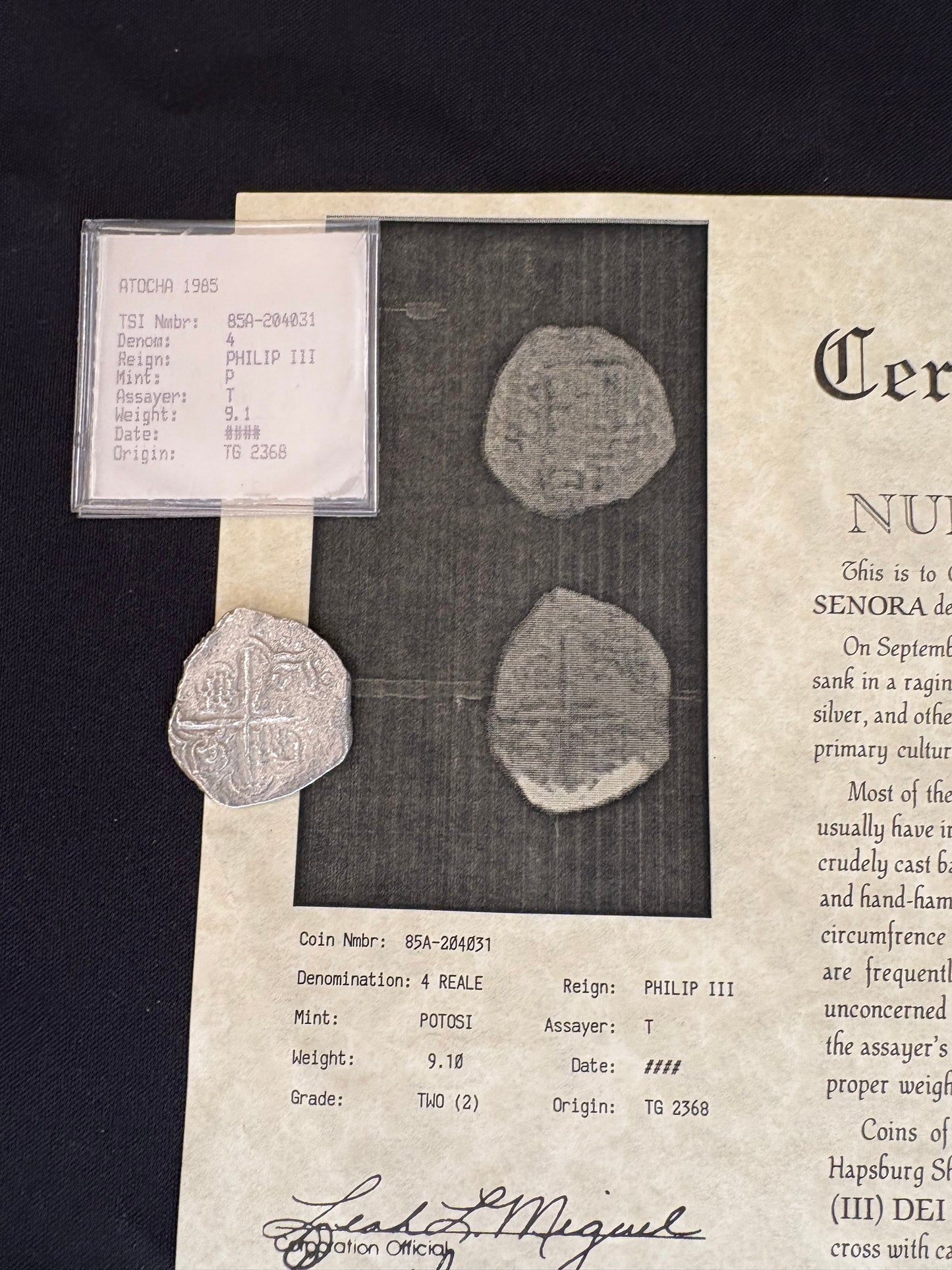 Motherlode Find Atocha Shipwreck 4 Reales, Grade 2, Potosi Mint, T Assayer, 9.10 Grams, Philip III Reign, 85A-204031