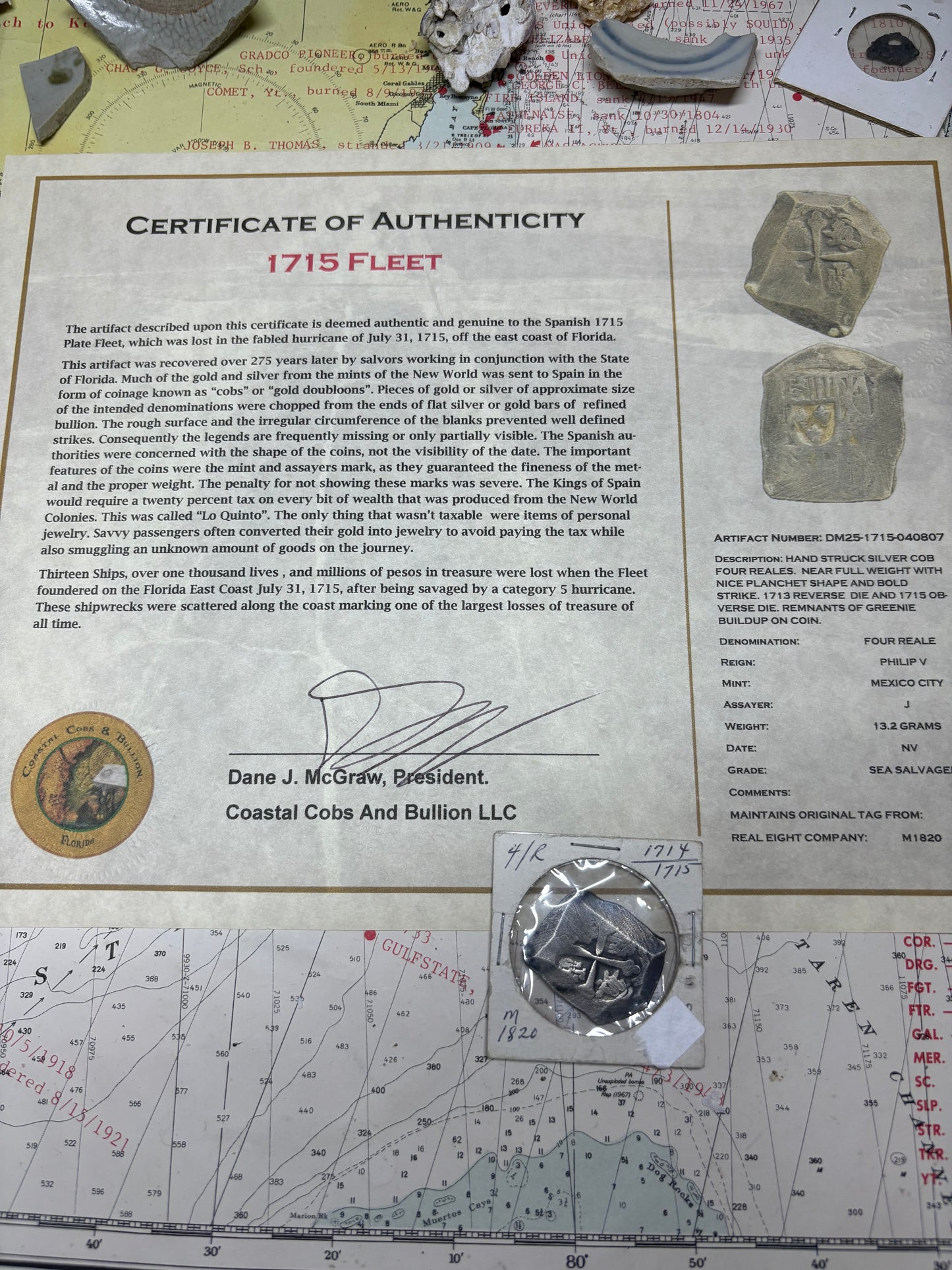 1715 Fleet 4 Reale, Original Real Eight Co. Salvor Flip. M1820, Philip V Reign, Mexico City Mint, J Assayer, 13.2 Grams