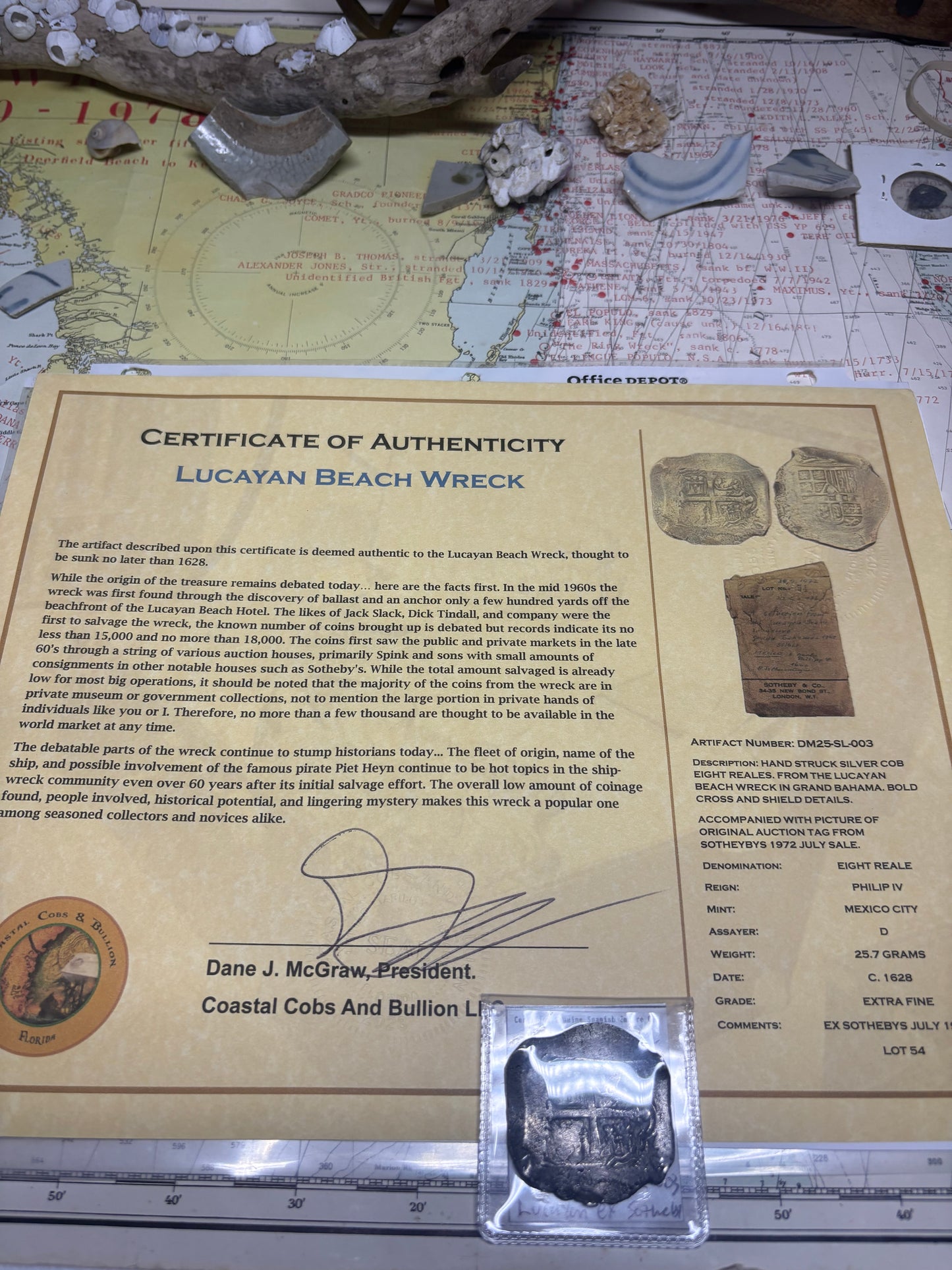 Lucayan Beach Wreck 8 Reale, Philip IV Reign, Mexico City Mint, D Assayer, 25.7 Grams, Rare Sothebys Auction Provenance.