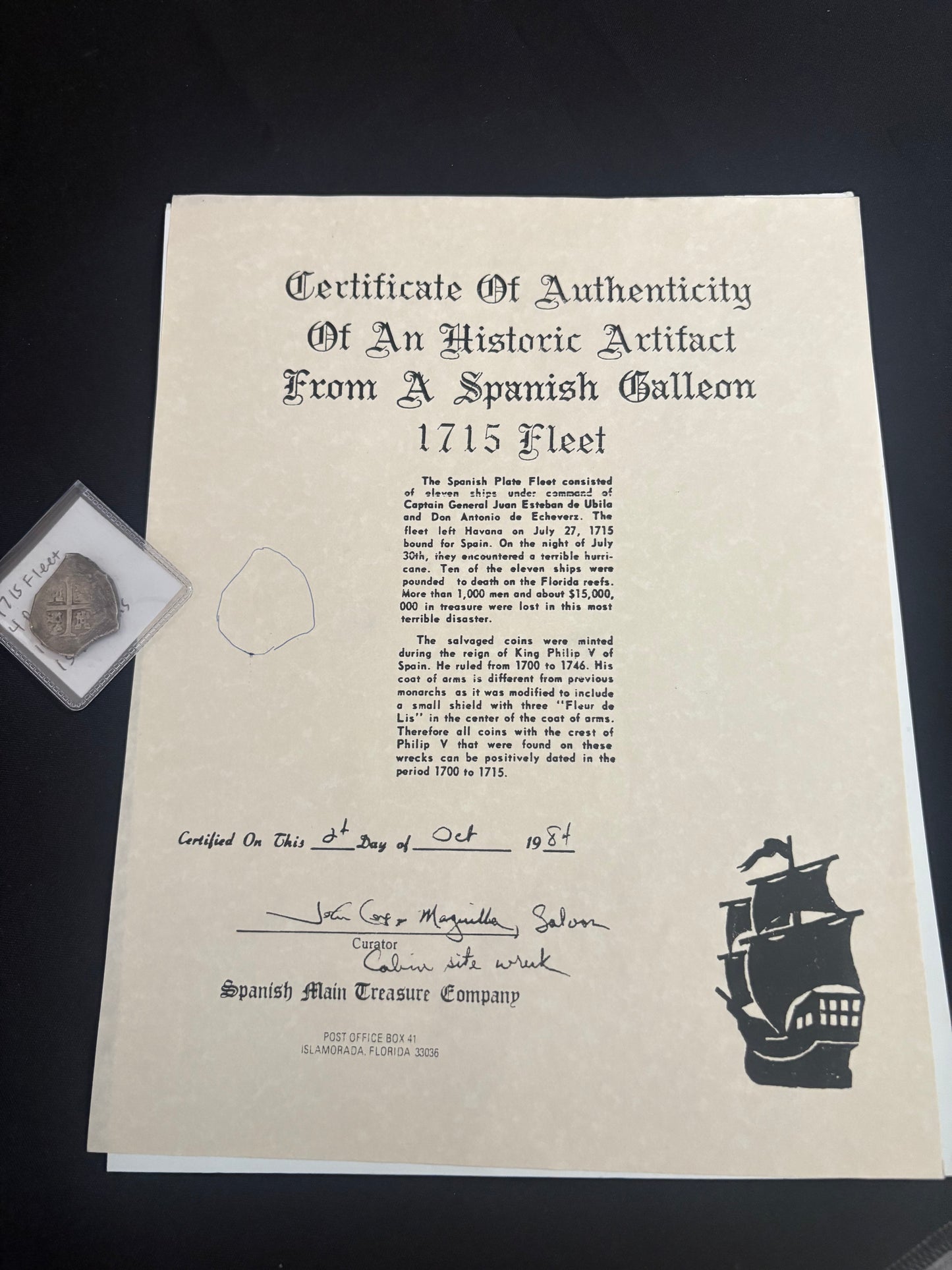 1715 Fleet 4 Reales, Mexico City Mint, J Assayer, 13.5 Grams, Philip V Reign, COA from Carl Fismers old company.