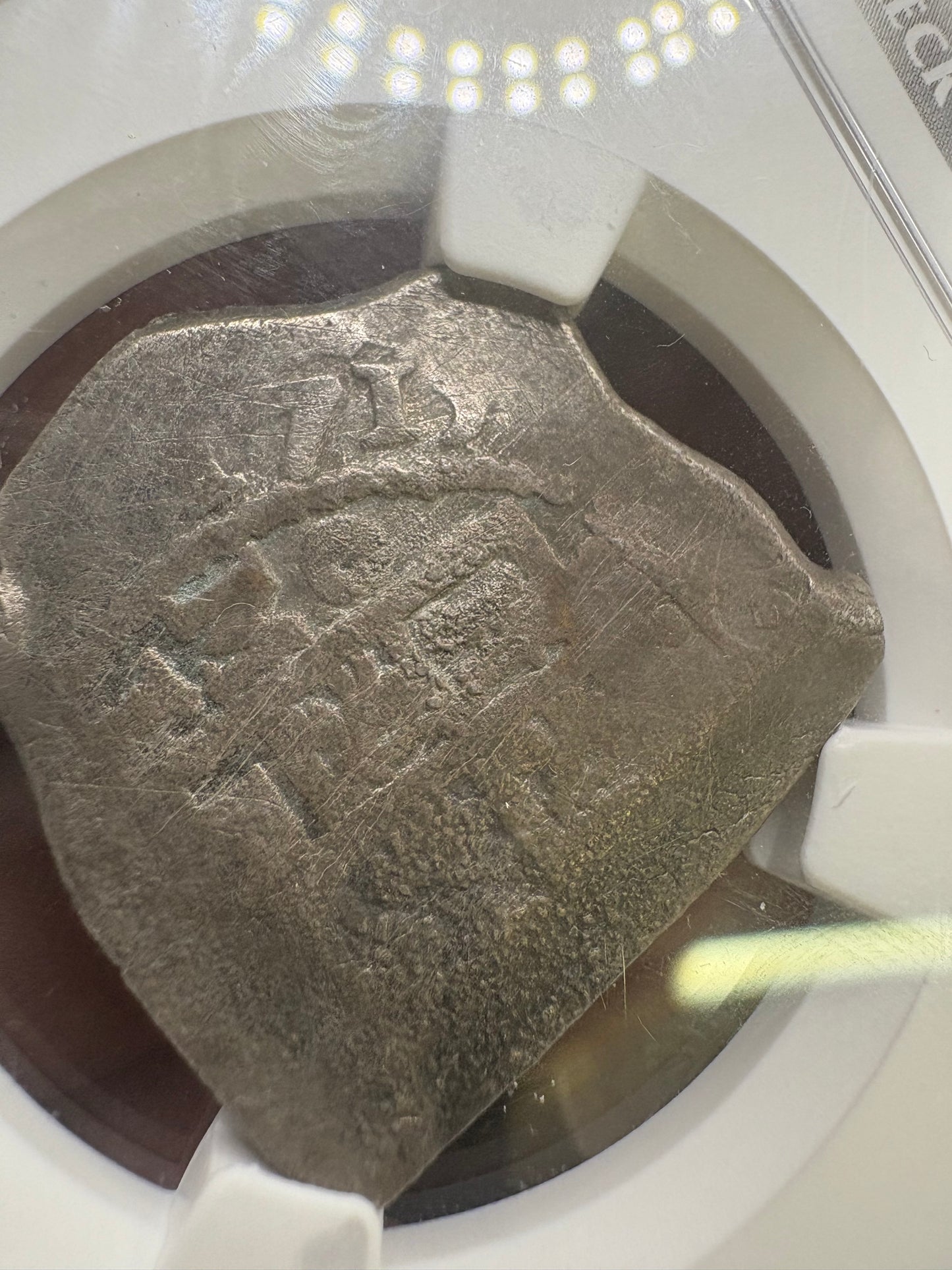 1715 Fleet Shipwreck 4 Reale, 1715 Full date, Royal Reverse Die, Mexico City Mint, 13.4 Grams, J Assayer, Ex Christensen Auction with Tag.